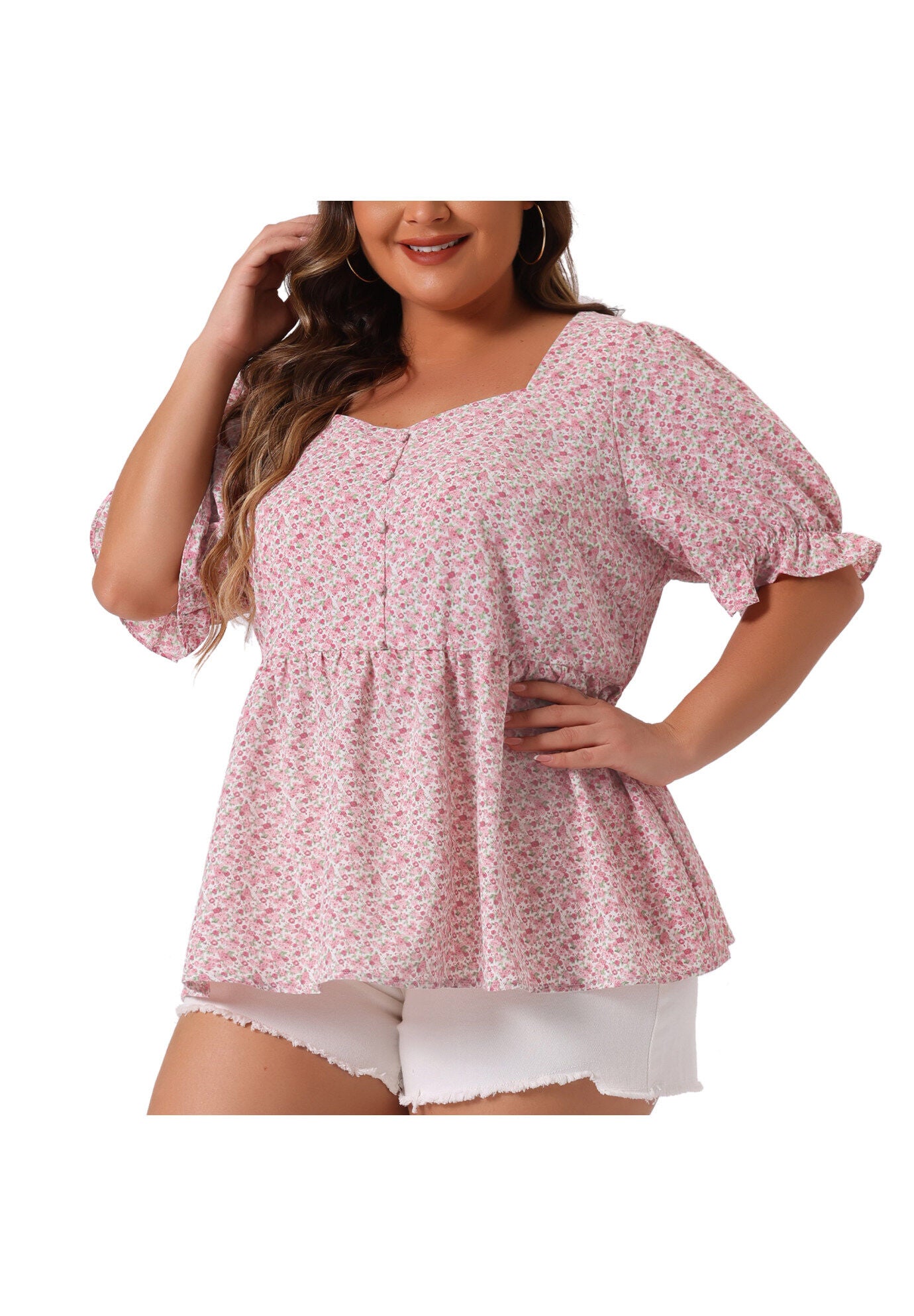 Sweetheart Neck Floral Peplum Top, Pink / Pink, alternate image number 1