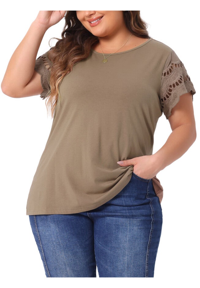 Lace Panel Hollow Short Sleeve Summer Blouse, Brown / Brown, alternate image number 1