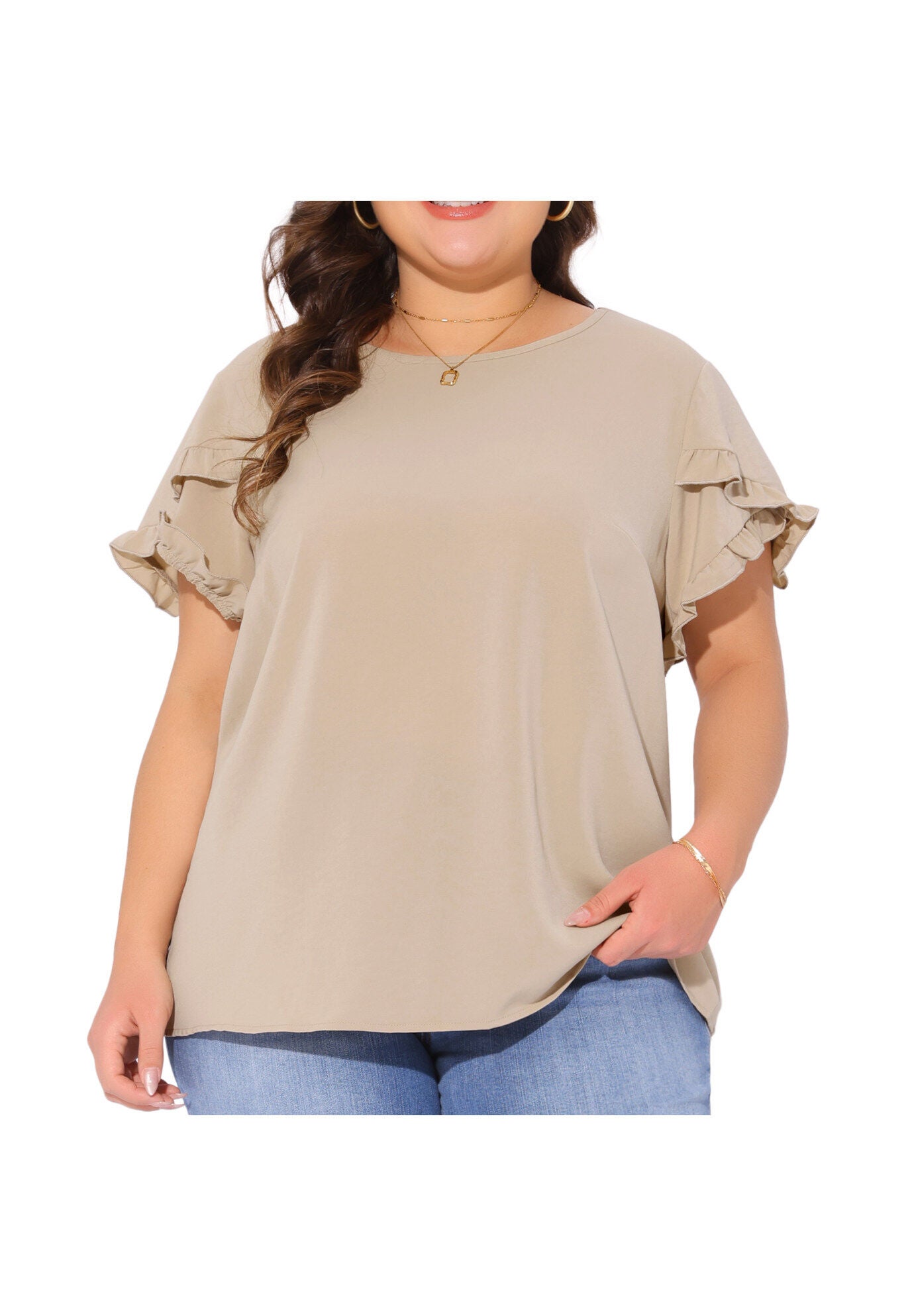 Crewneck Ruffle Short Sleeve Loose Blouse, Deep Apricot / Beige, alternate image number 1