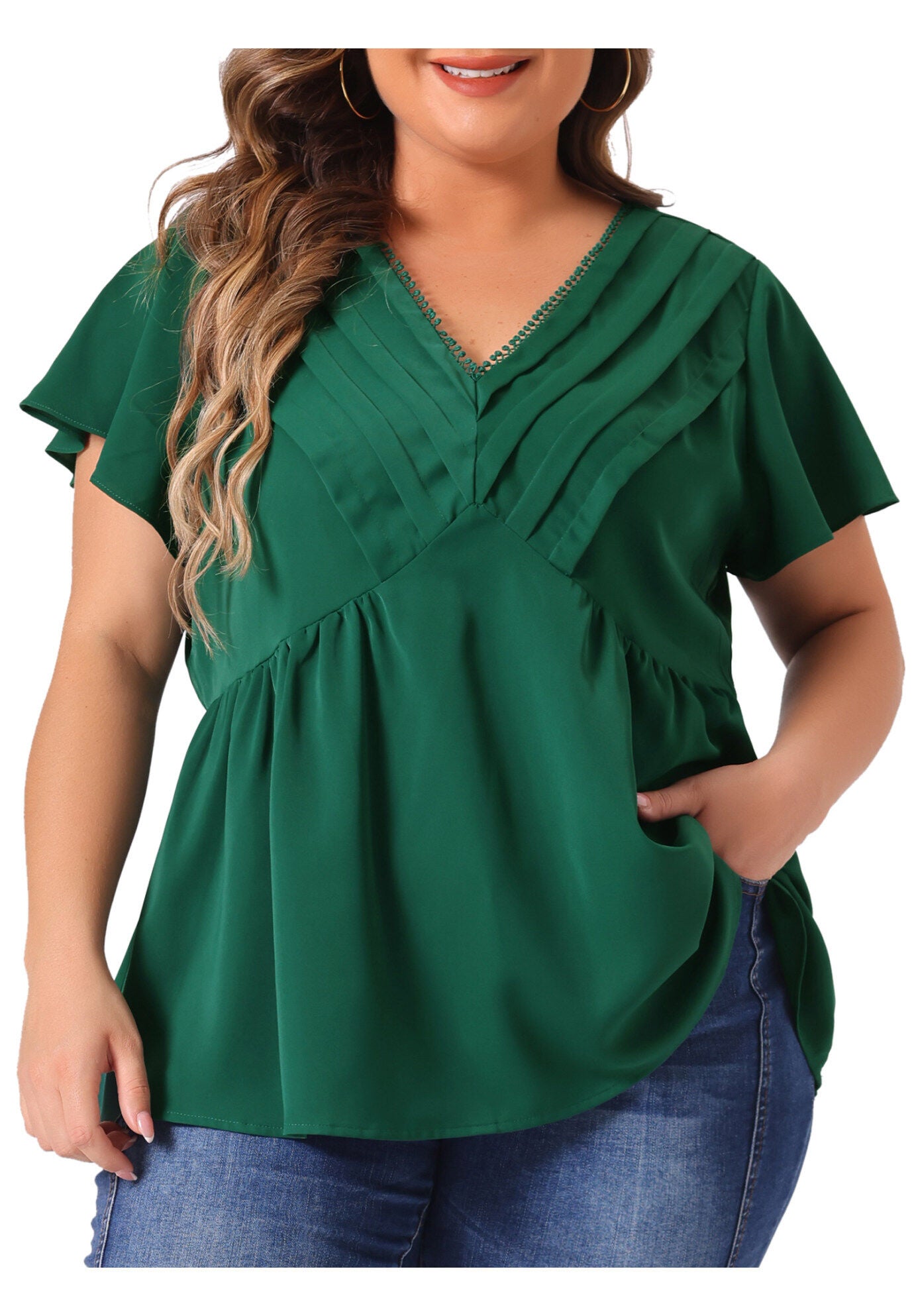 V NECK FLARE SLEEVE RUFFLE PEPLUM WRAP BLOUSE TOP, Dark Green / Forest Green, alternate image number 2