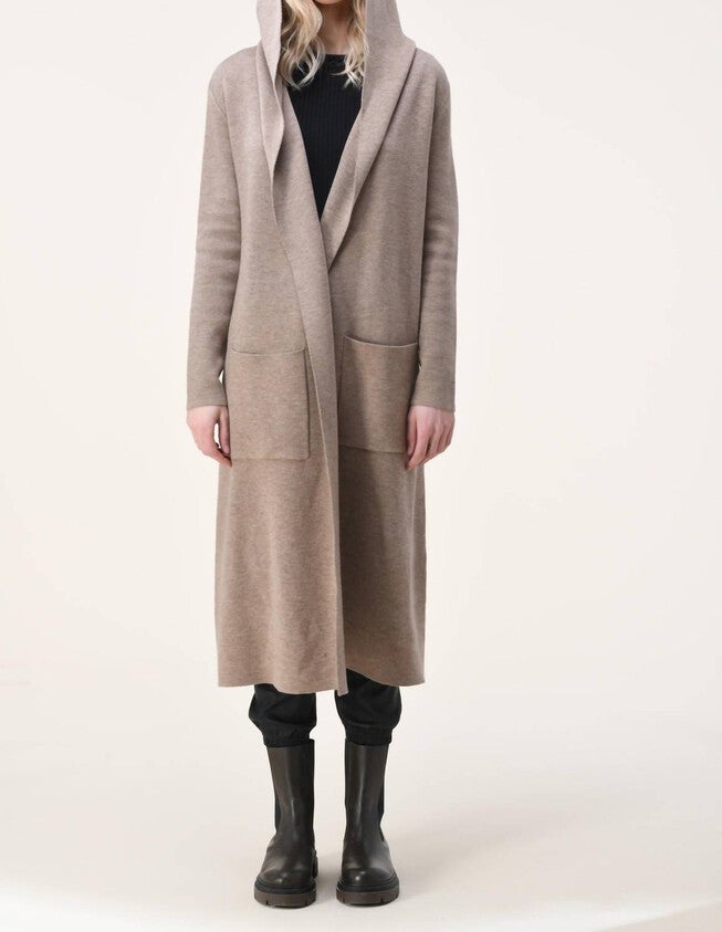 EVA SOLID LONG CARDIGAN WITH HOODIE IN OATMEAL, Oatmeal / Beige, hi-res image number 0