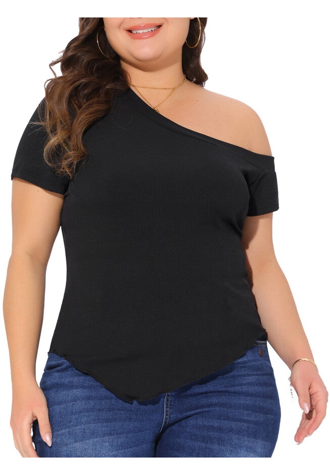 One Shoulder Short Sleeve Asymmetrical Hem Tee Top, Black / Black, alternate image number 1