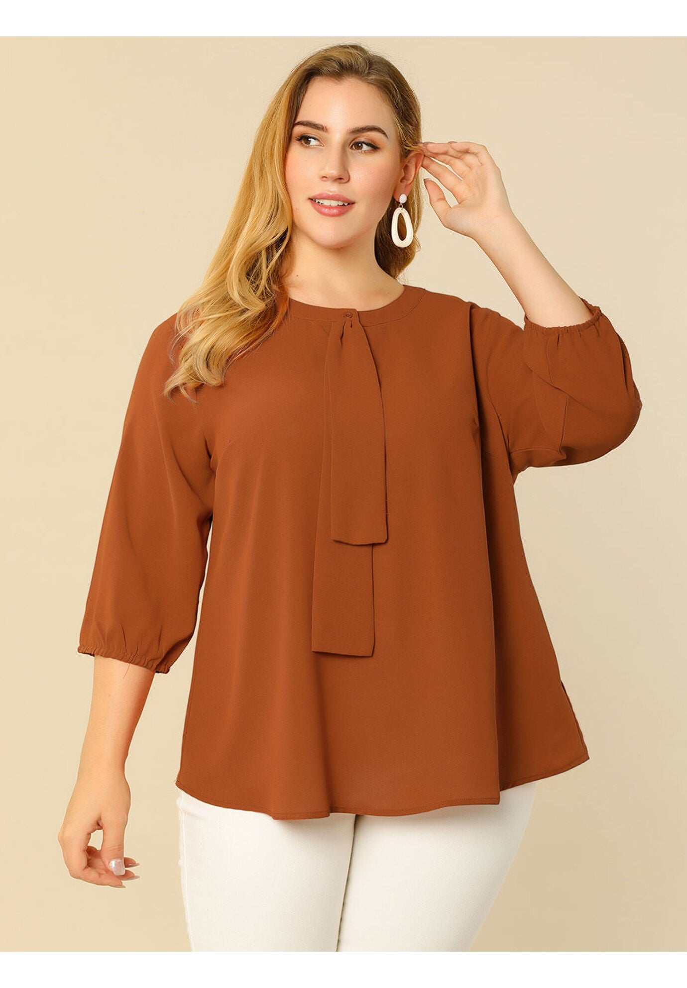 Work Round Neck Ruffle Chiffon Blouse Top, Caramel / Orange, alternate image number 1
