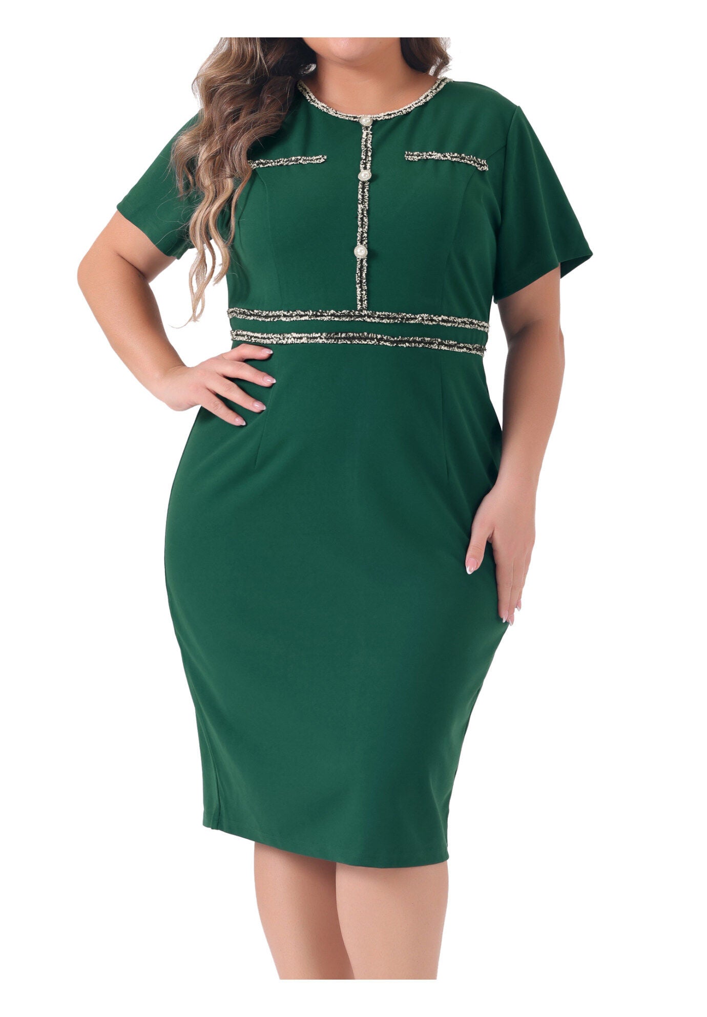 Button Crew Neck Bodycon Pencil Dress, Dark Green / Deep Fuchsia, alternate image number 2