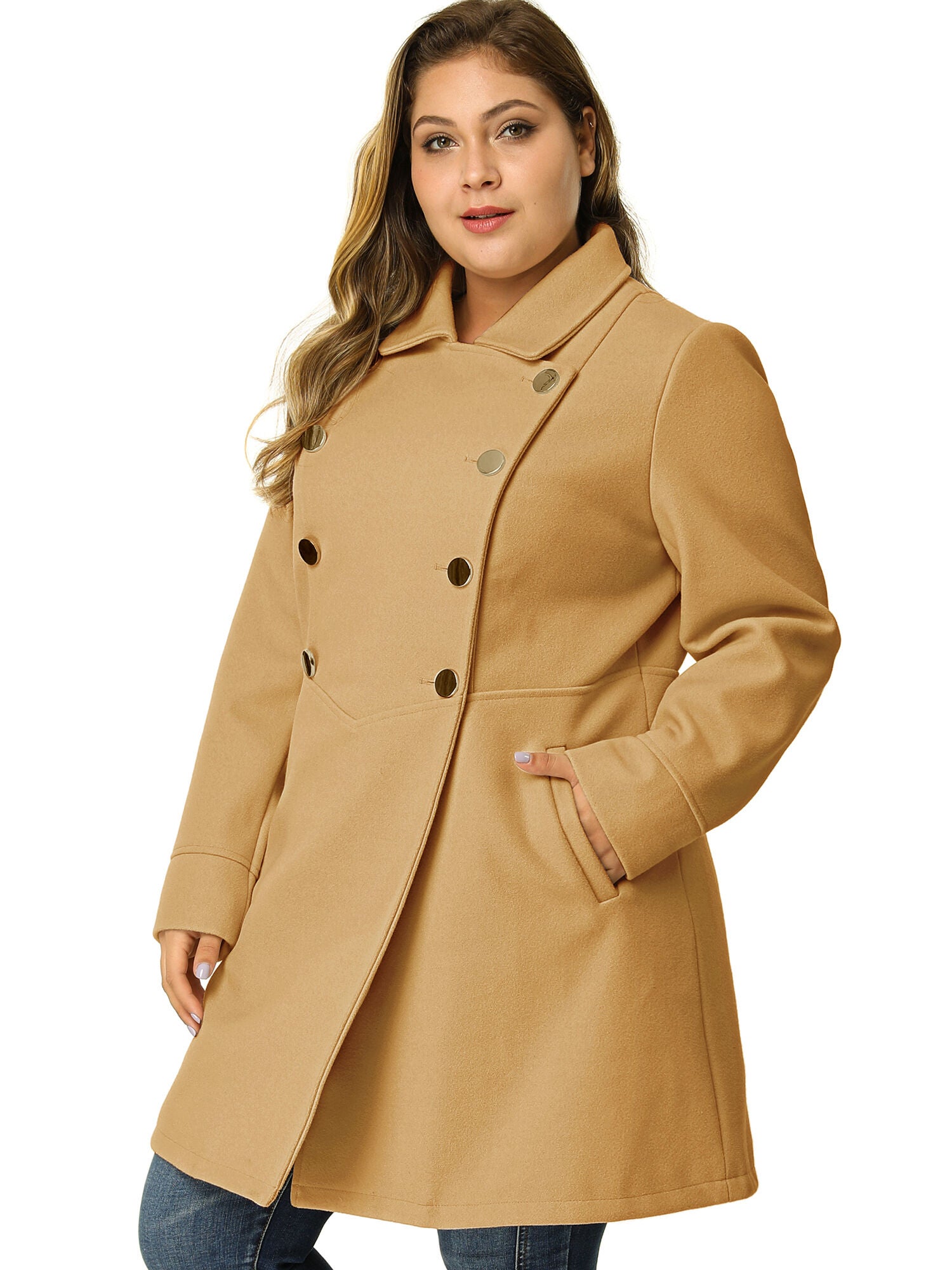 A-Line Peter Pan Collar Double Breasted Peacoat, Khaki / Brown, alternate image number 2
