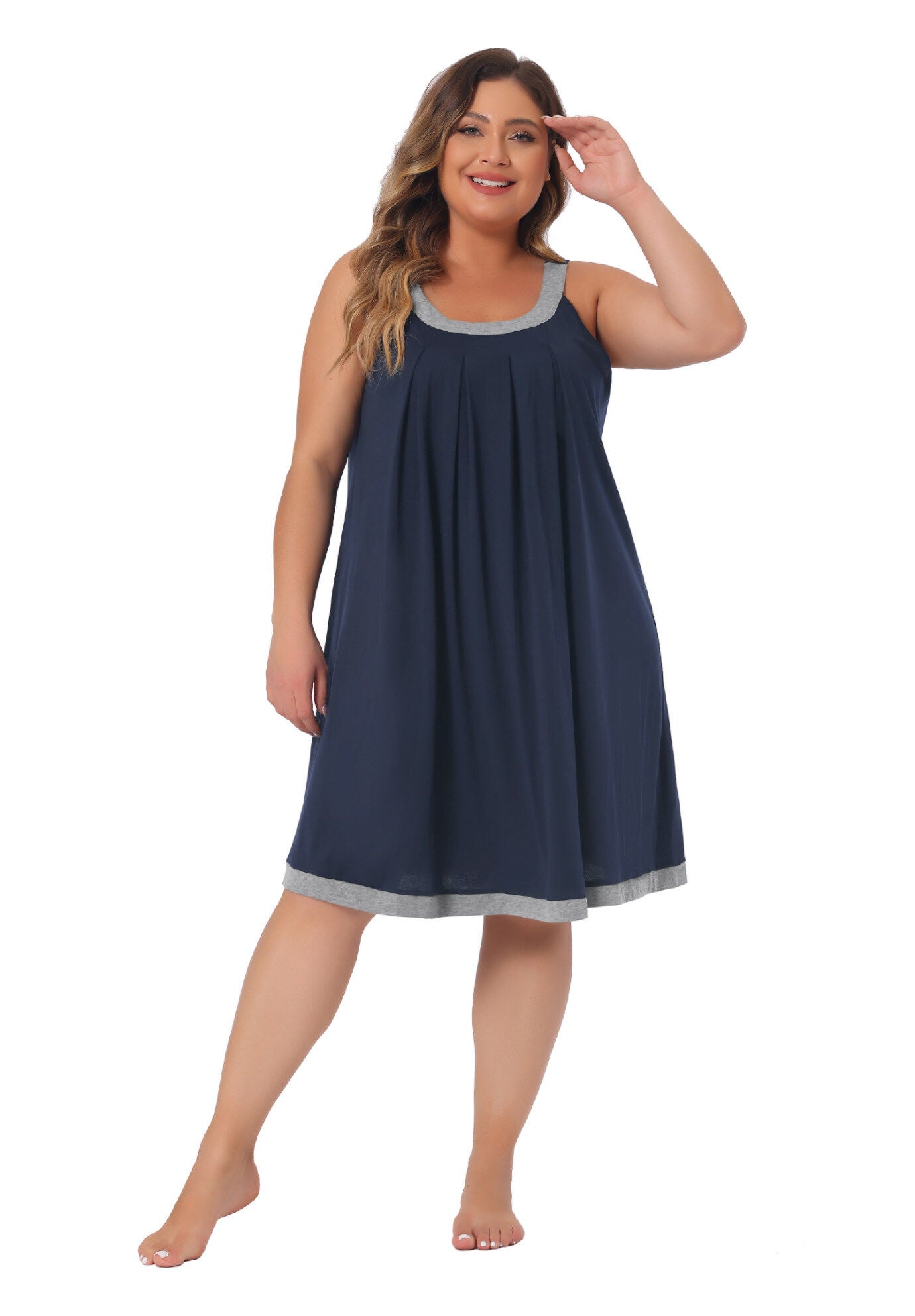 SLEEVELESS SLEEPWEAR WIDE STRAP SLEEPSHIRTS PLEATED SCOOPNECK NIGHTSHIRT, Dark Blue / Navy, hi-res image number 0