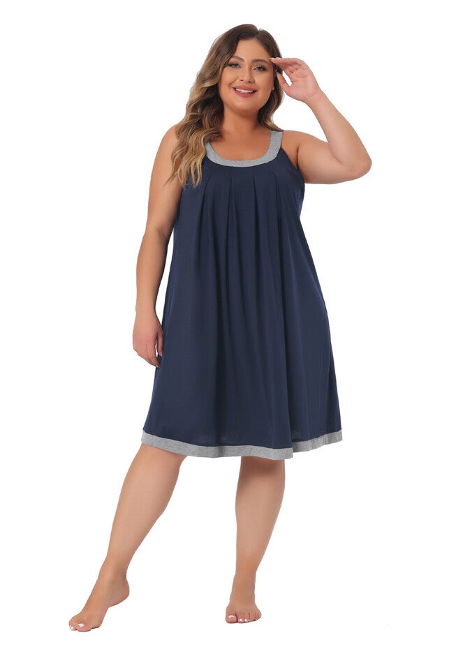 SLEEVELESS SLEEPWEAR WIDE STRAP SLEEPSHIRTS PLEATED SCOOPNECK NIGHTSHIRT, Dark Blue / Navy, hi-res image number 0