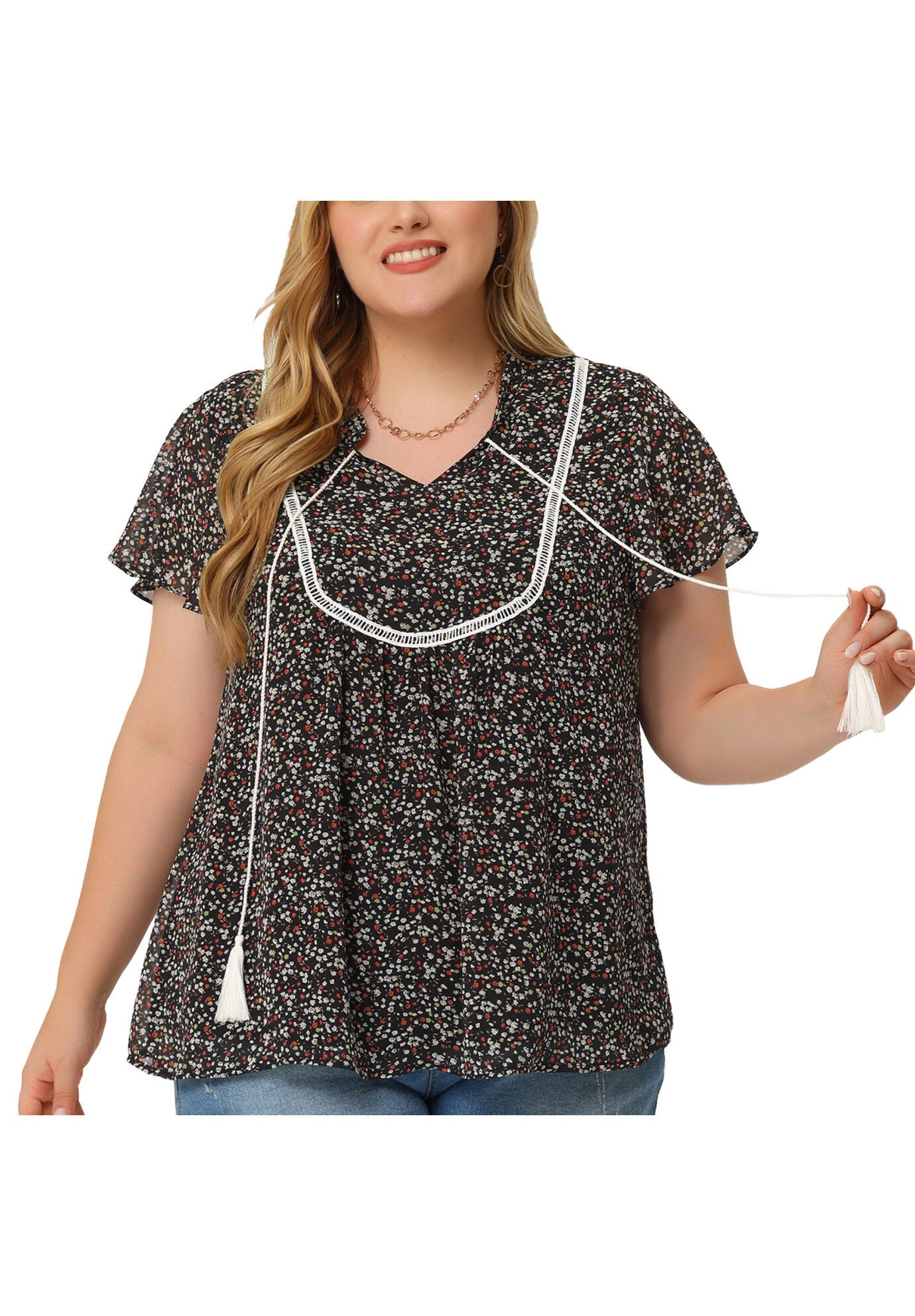 Floral Printed Bib Peasant Blouse Tie Neck Keyhole Boho Top, Black / Black, alternate image number 2