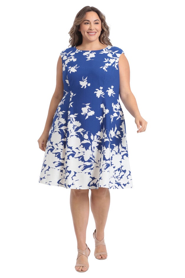 Monotone Floral Cap Sleeve Fit and Flare Dress, Royal / Royal Blue, hi-res image number 0