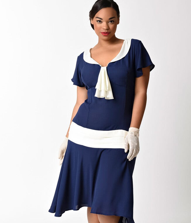 Unique Vintage 1920s Navy Blue & Ivory Wilshire Flapper Day Dress, NavyWhite / Navy, alternate image number 1