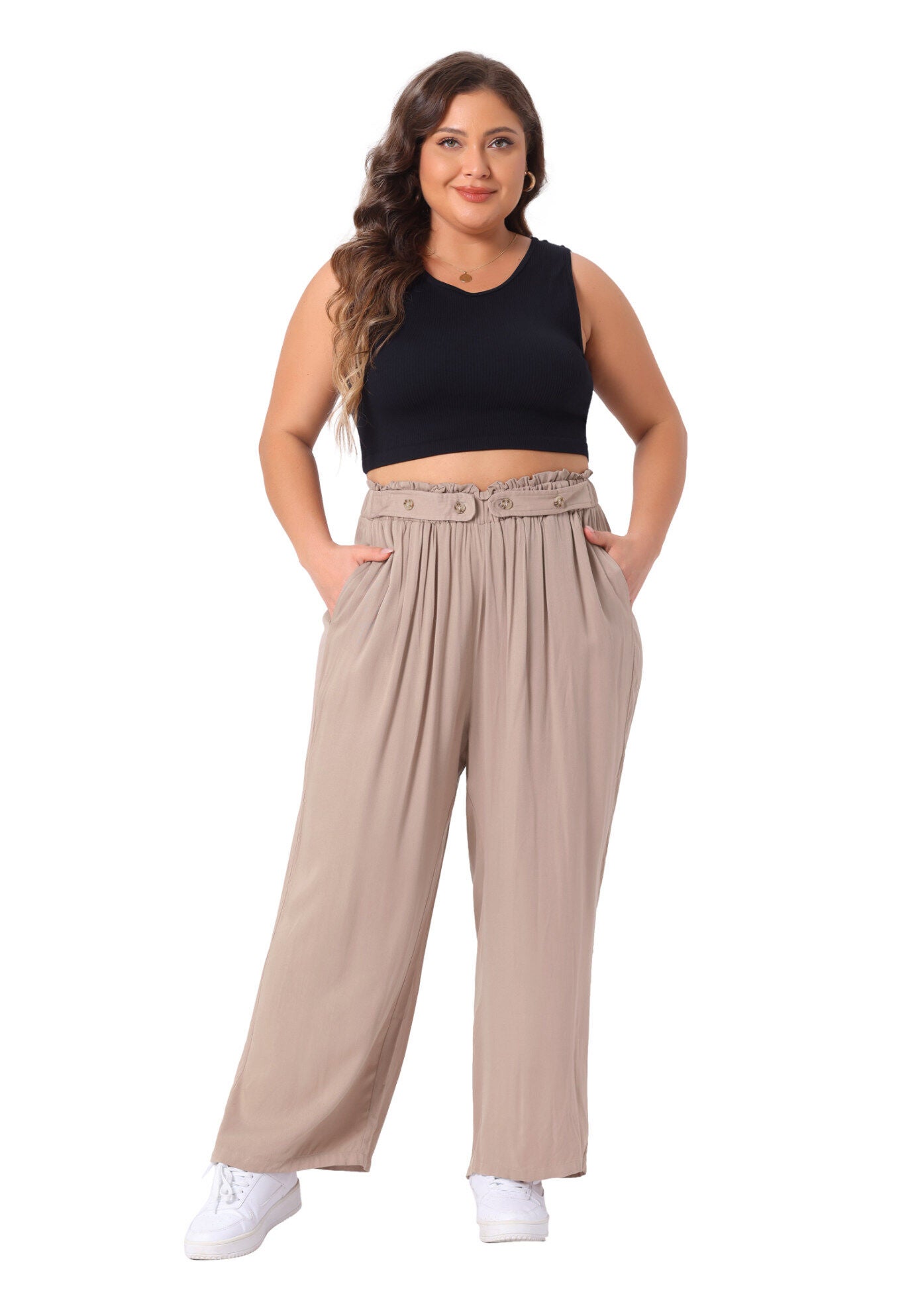 STRETCHY HIGH WAISTED WIDE LEG PALAZZO PANTS, Khaki / Brown, hi-res image number 0