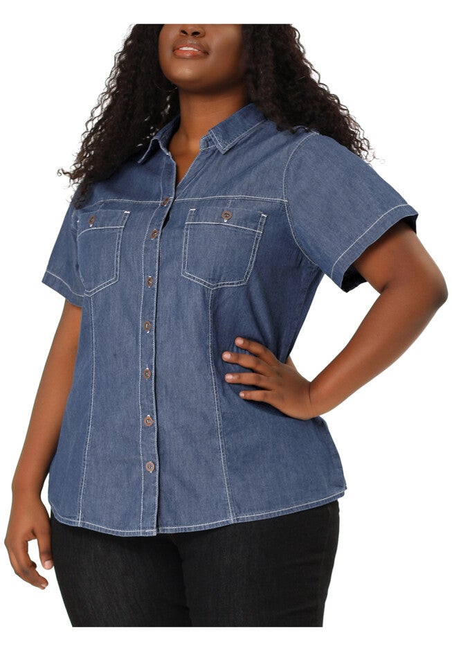 Short Sleeve Chambray Button Down Denim Shirt, Blue / Chambray Denim Medium, alternate image number null