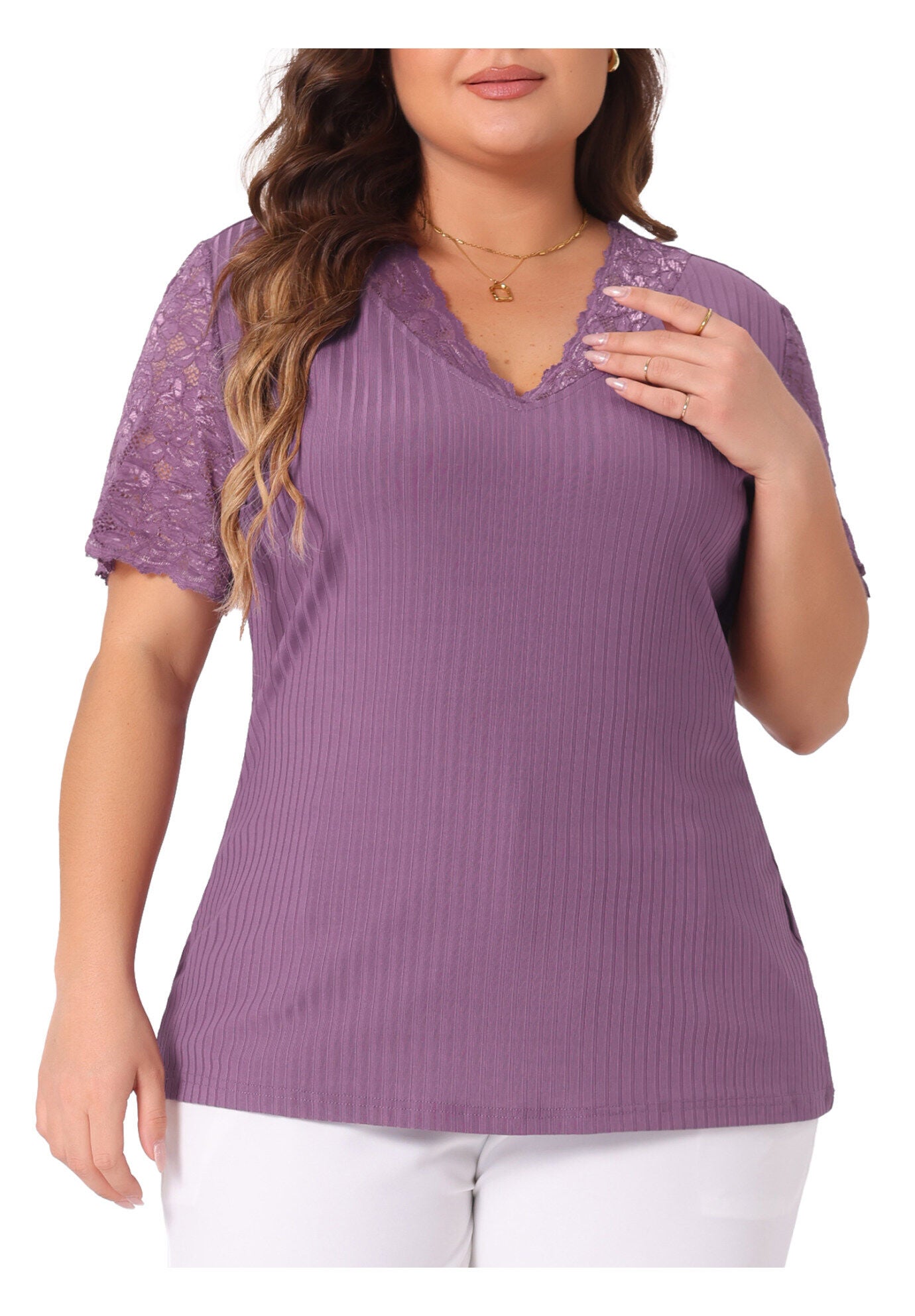 V Neck Short Sleeve Lace Ribbed Knit Tunic Top, Purple / Purple, alternate image number 2