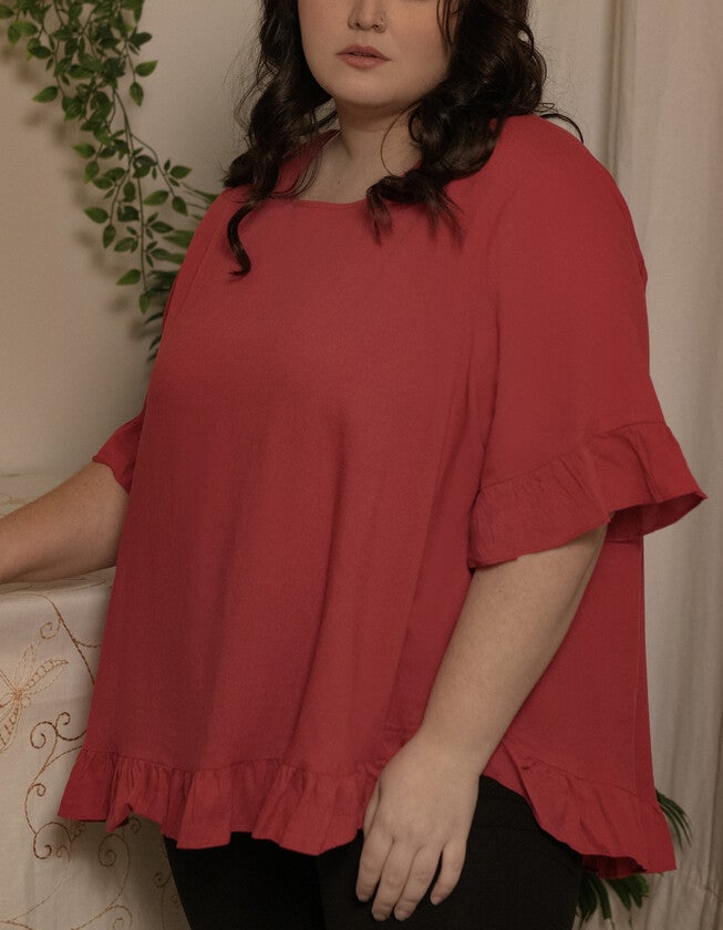 Mylene Top Relaxed Linen Blend Frilled High Low Hem, , alternate image number null