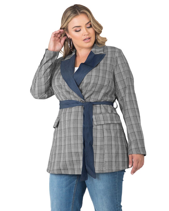 Plus Size Gina Trim Wrap Blazer - Plaid & Tencel Trim, Black White Plaid / Navy, alternate image number 4