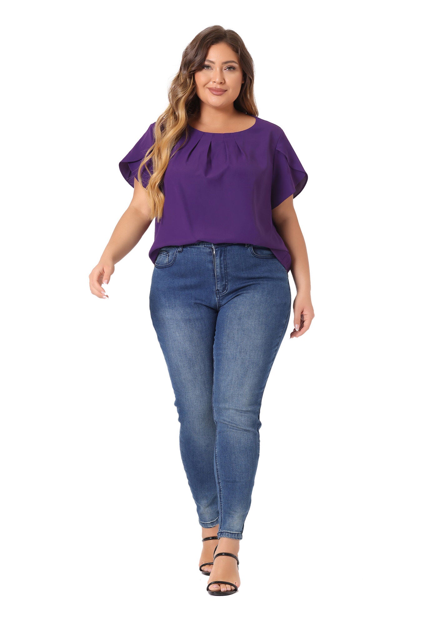 Round Neck Pleated Top Tulip Sleeves Blouse Top, Purple / Purple, hi-res image number 0