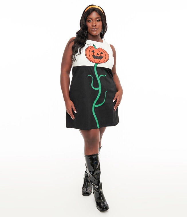 1960s Black & Orange Pumpkin Pocket Shift Dress, Black White Pumpkin / Black, alternate image number 2