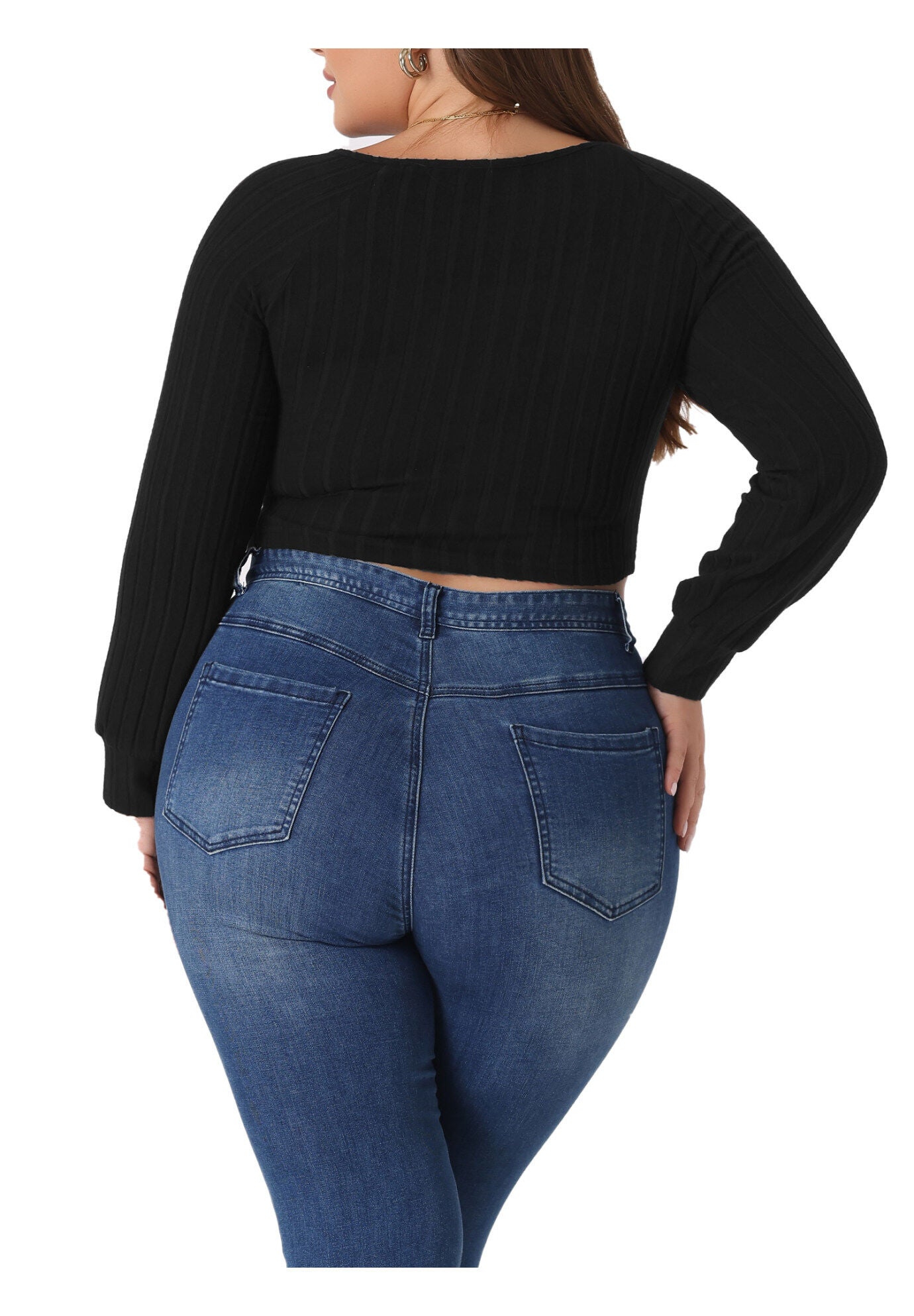 Square Neck Long Sleeve Slim Fitted T-Shirt Crop Tee Top, Black / Black, alternate image number 3