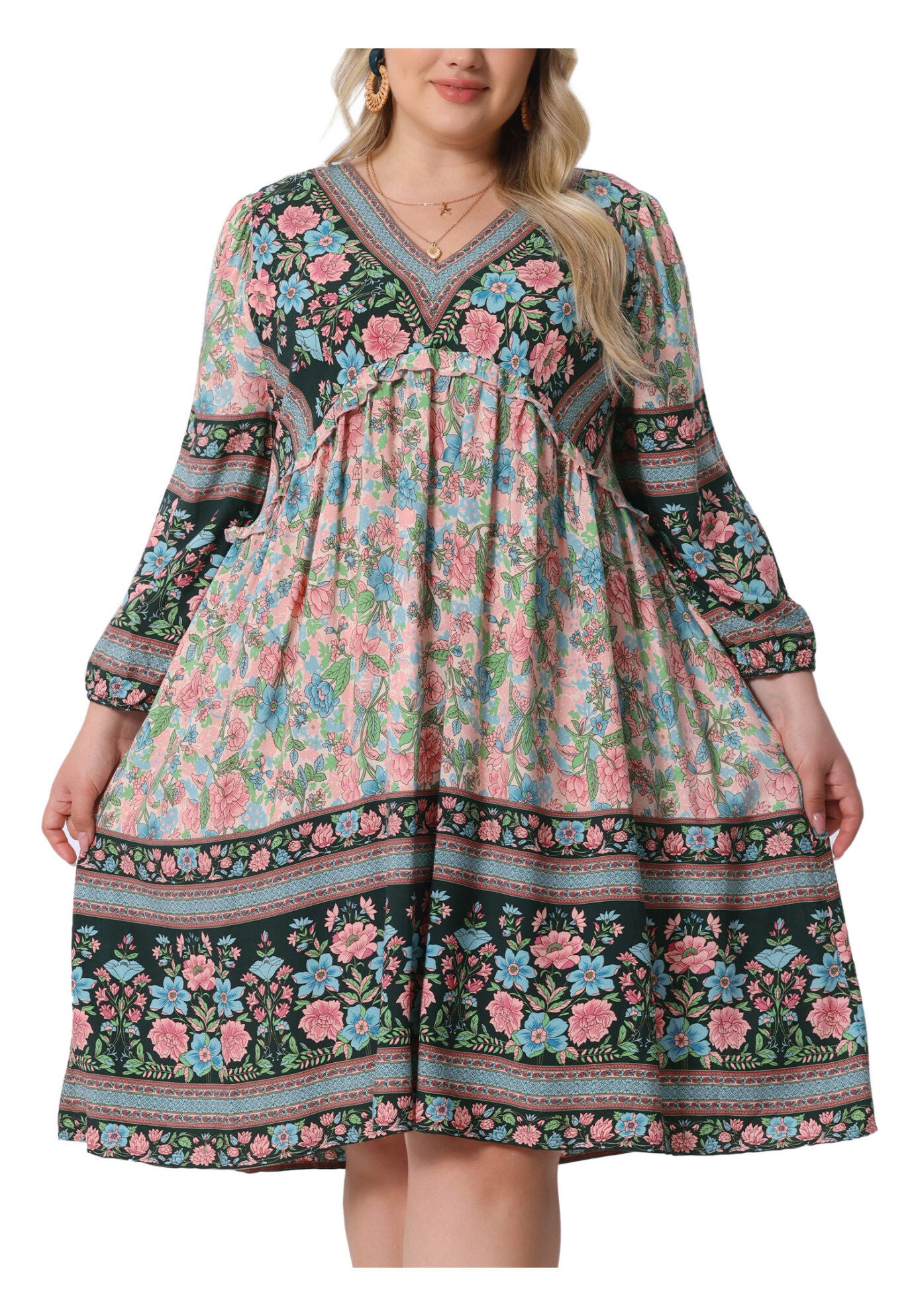 Boho Floral V Neck 3/4 Sleeve Mini Short Dress, Blue Pink / Light Blue, alternate image number 2