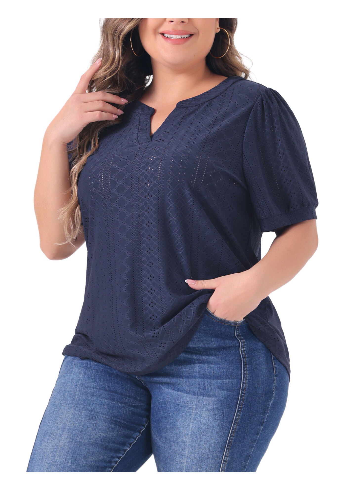 Hollow Casual V Neck Short Sleeve Summer Blouse, Navy Blue / Navy, alternate image number 2