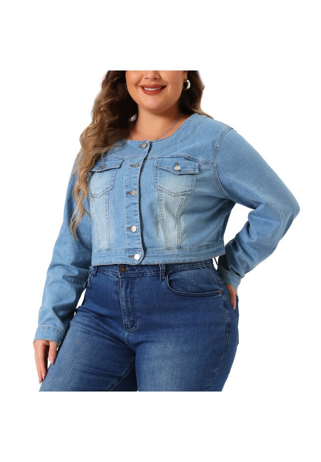 COLLARLESS CHEST POCKETS BUTTON DOWN CROP DENIM JACKET, Light Blue / Light Blue, alternate image number 1