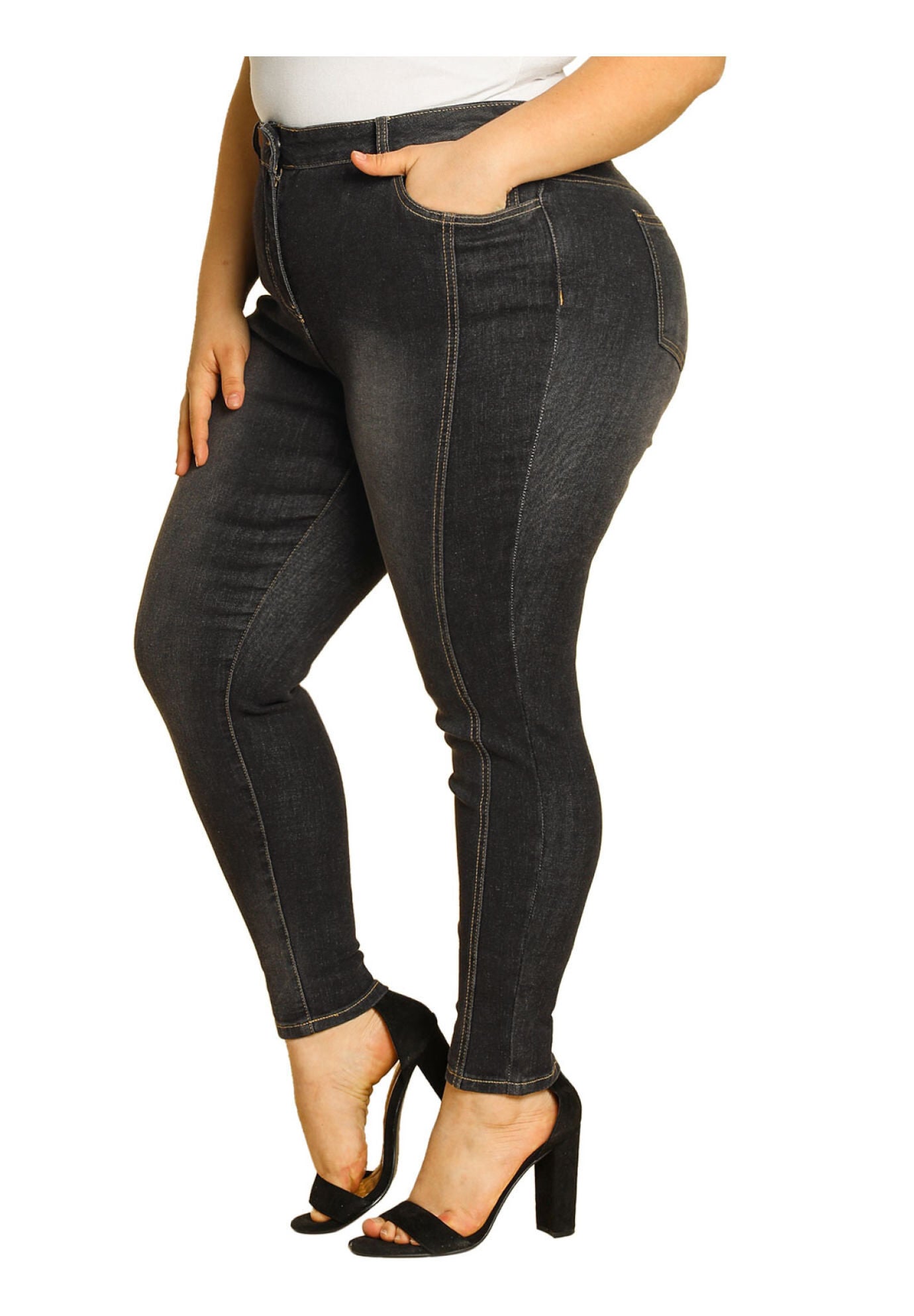 MID RISE STRETCH WASHED SKINNY JEANS DENIM JEGGINGS, Black / Black, alternate image number 2