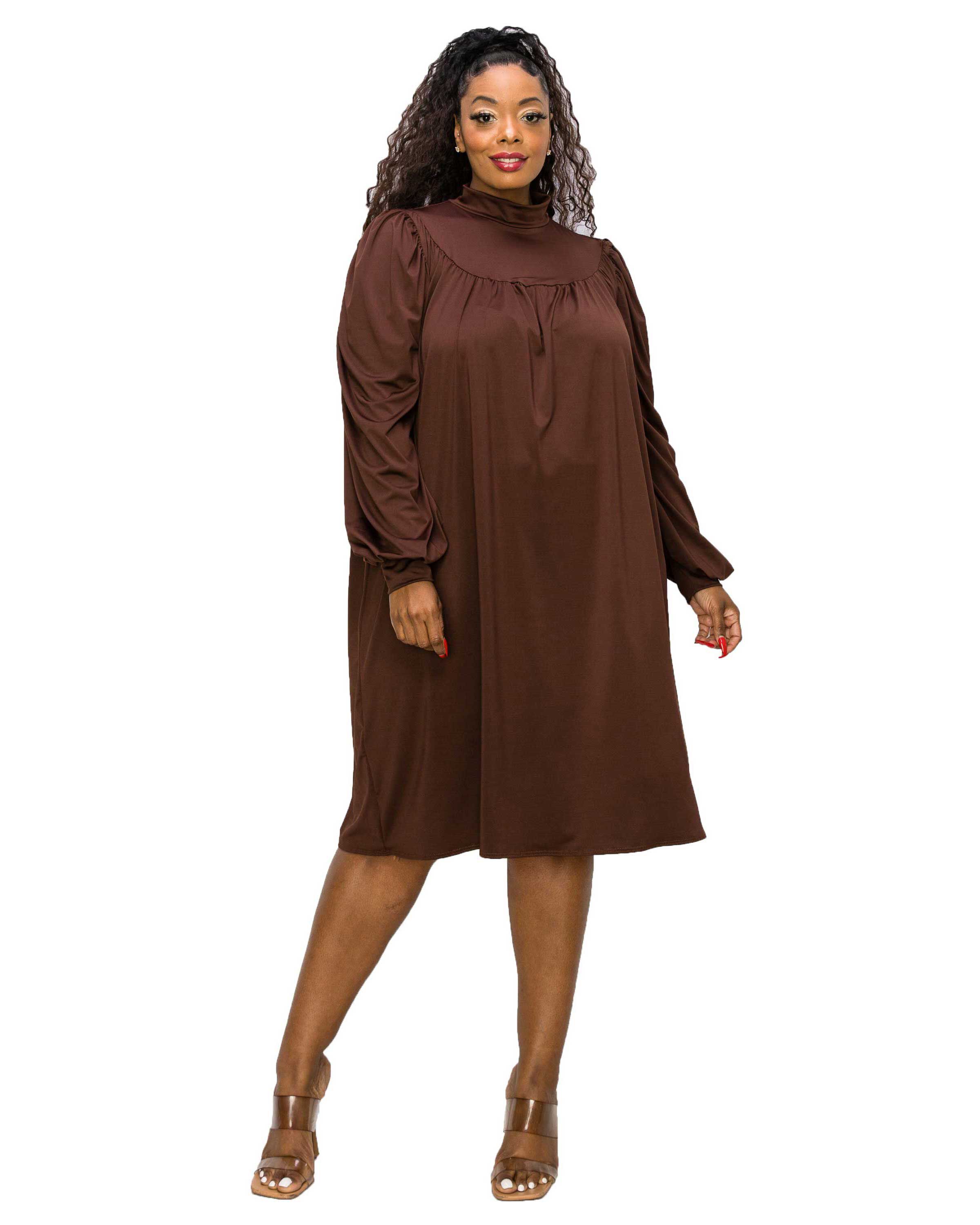 AMAL MOCK NECK DRESS, Dark Mocha / Brown, hi-res image number 0