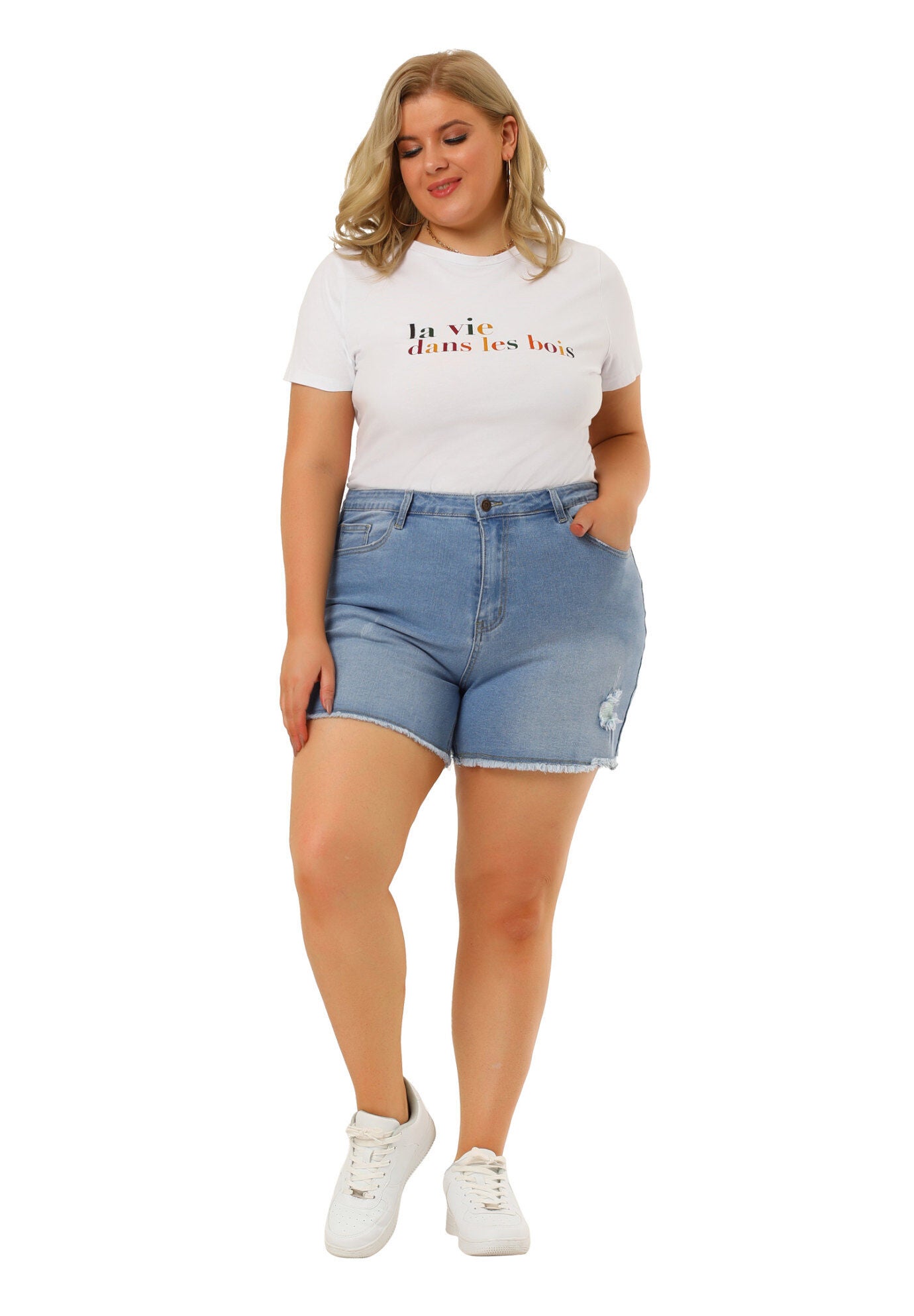 HIGH WAISTED RIPPED STRETCHY DENIM JEAN SHORTS, Mid Blue / Dusty Blue, hi-res image number 0