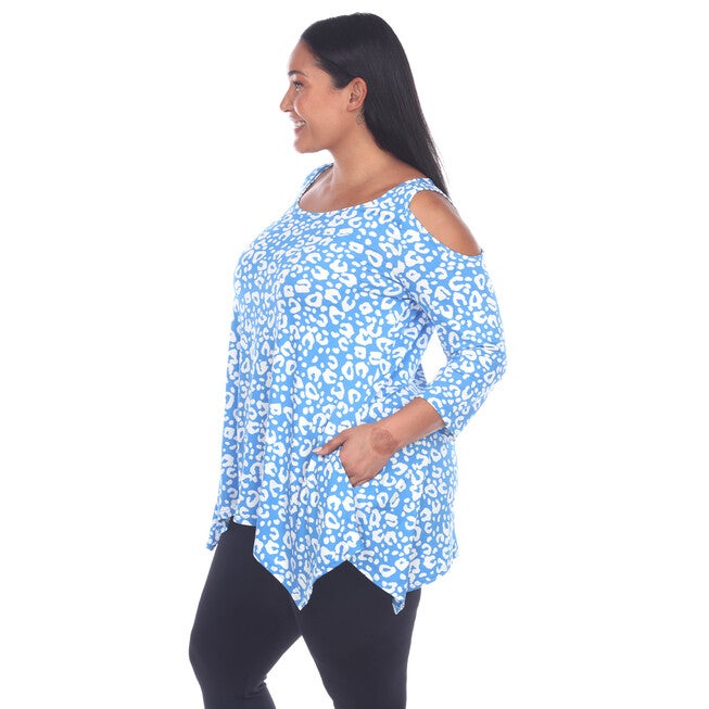 Leopard Cold Shoulder Tunic Top, Blue Leopard / Dusty Blue, alternate image number 2