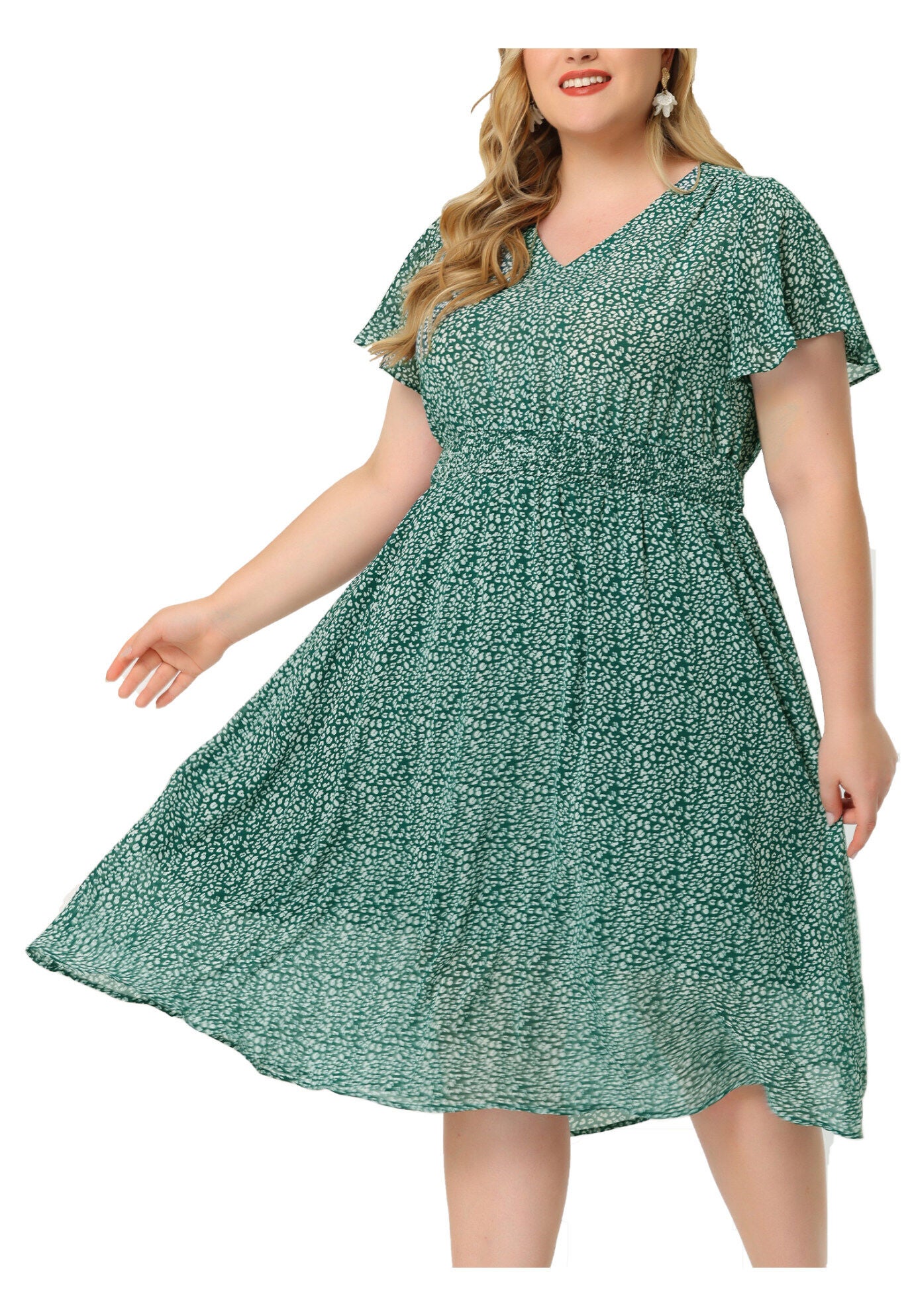 Summer Floral Print V Neck Smocked A-Line Flowy Midi Dress, Green / Hunter Green, alternate image number 1