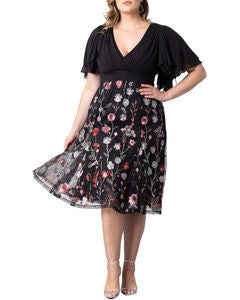 Lillian Embroidered Mesh Midi Cocktail Dress