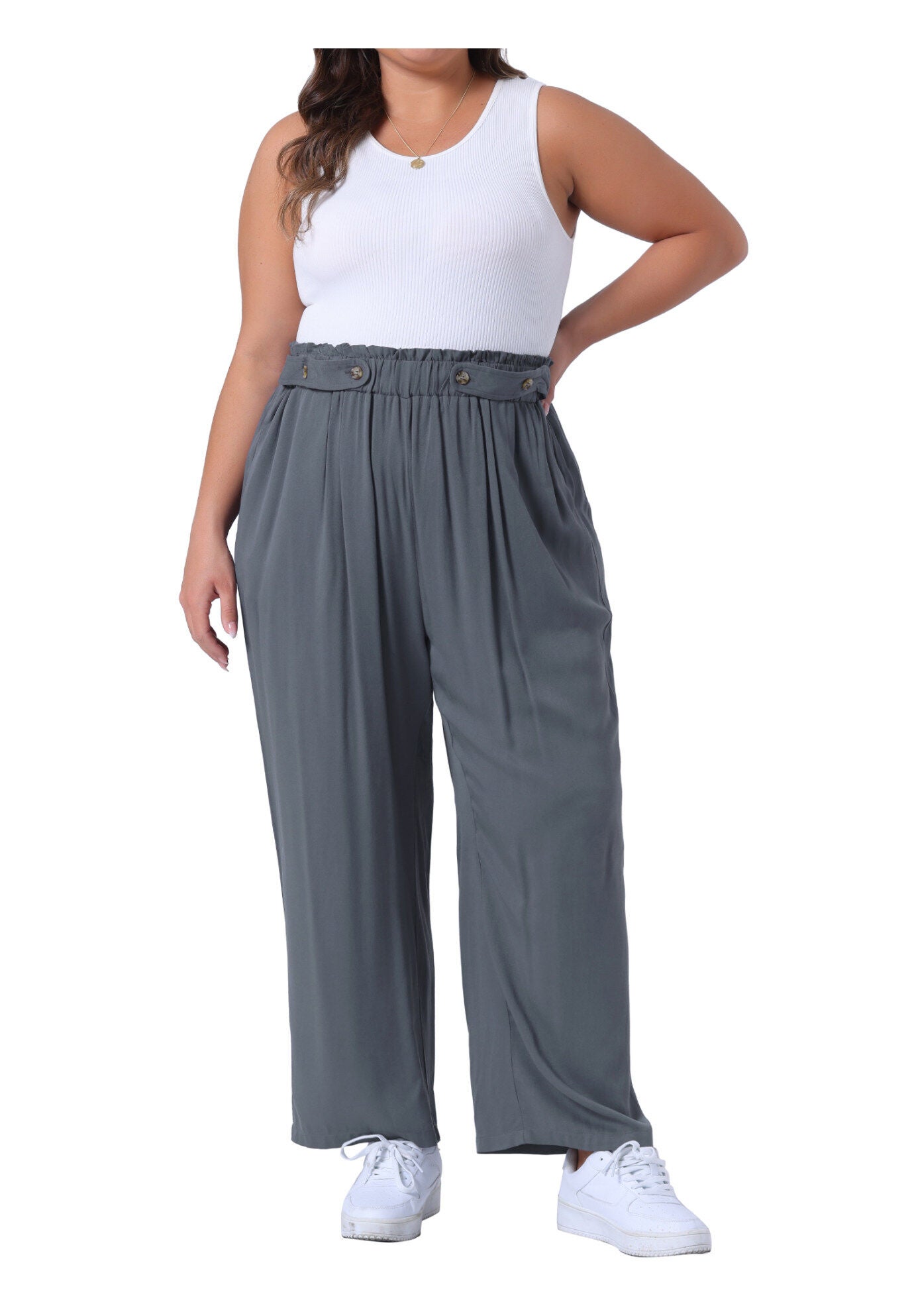 STRETCHY HIGH WAISTED WIDE LEG PALAZZO PANTS, Grey / Charcoal Grey, hi-res image number 0