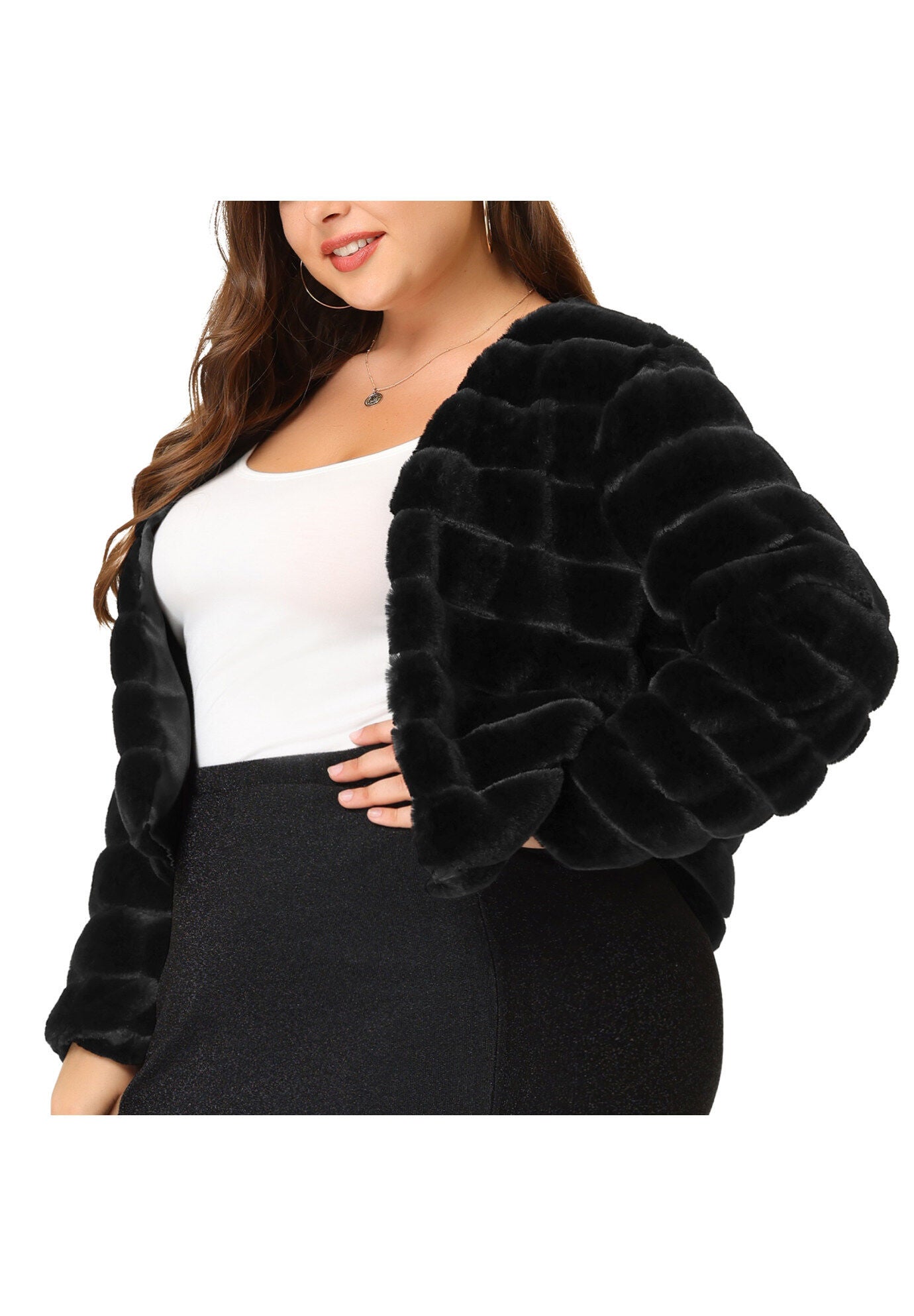 OPEN FRONT CROPPED FAUX FUR WINTER FLUFFY JACKET, Black / Black, alternate image number 2