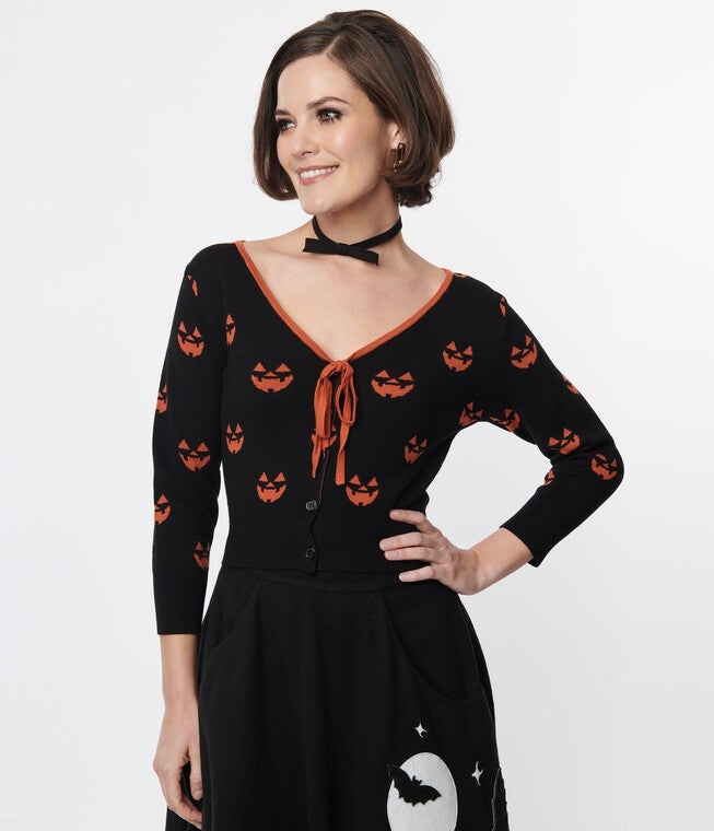 Unique Vintage Black & Orange Pumpkin Crop Cardigan, Black / Black, hi-res image number null