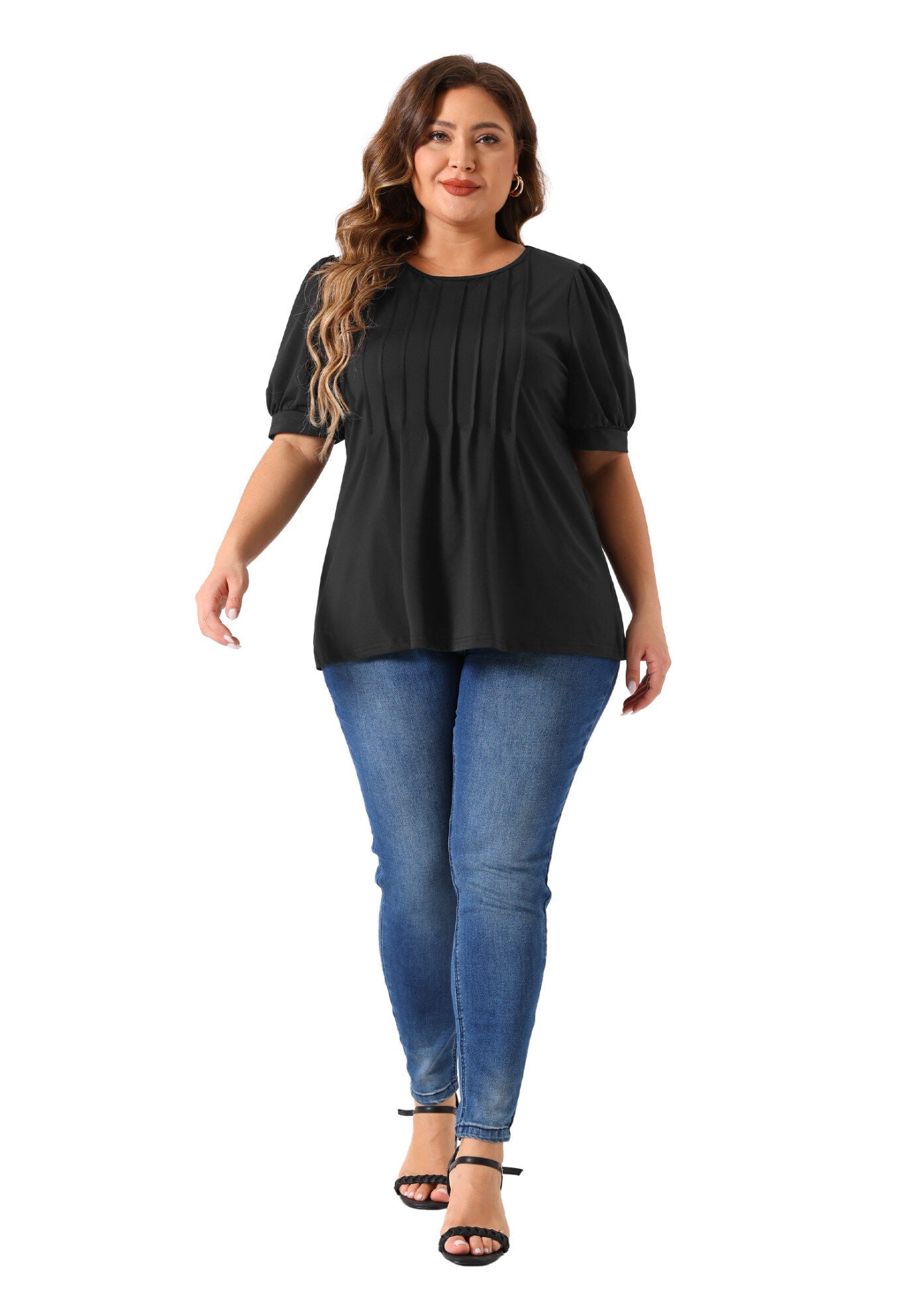 Puff Short Sleeve Crew Neck Pleated Tunic Blouse, , hi-res image number 0