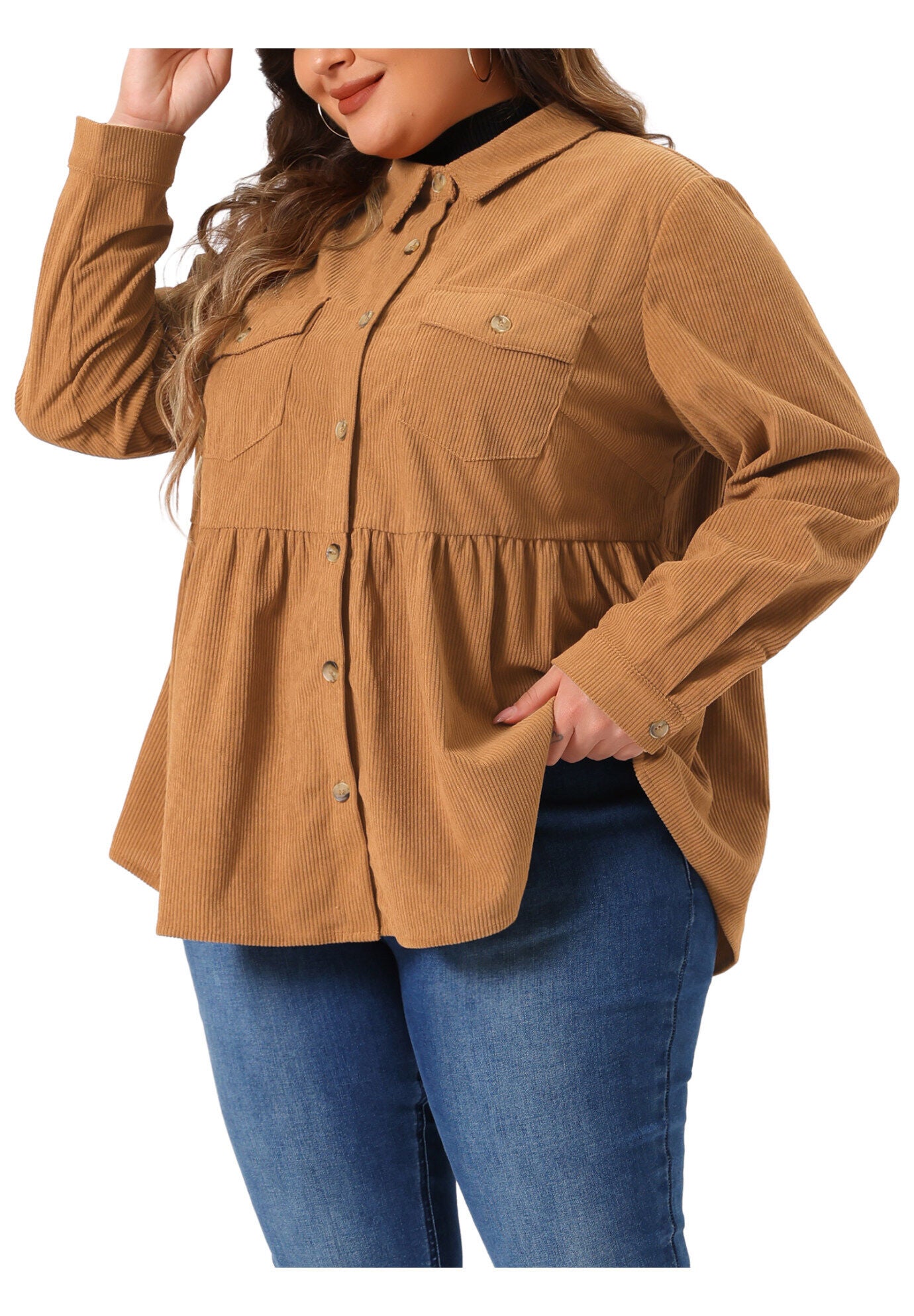 Peplum Button Down with Pockets Corduroy Shirt, Brown / Brown, alternate image number 1