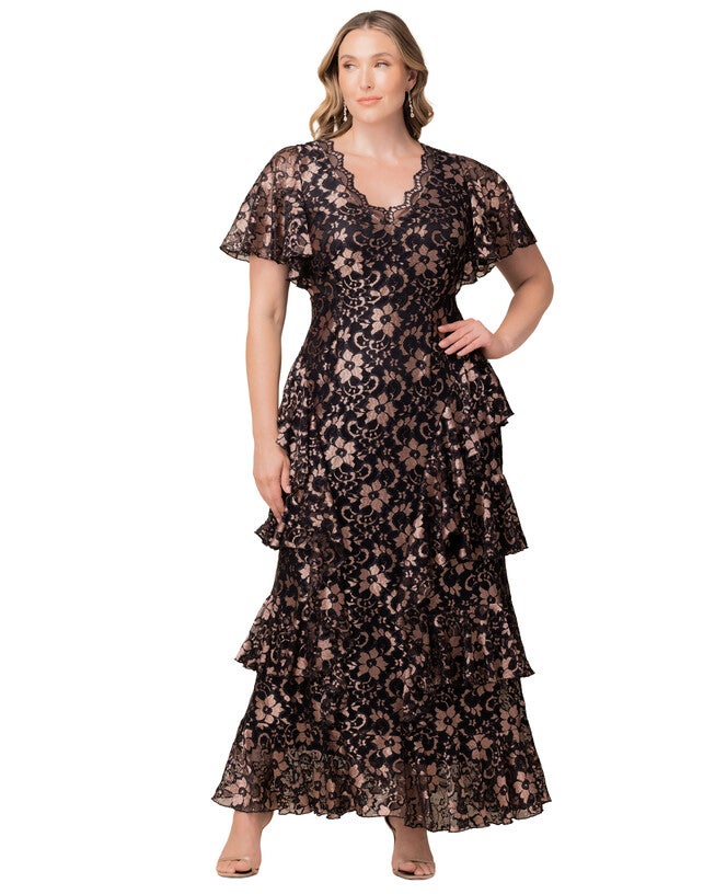 Mon Ange Tiered Lace Evening Gown, ROSE GOLD / Black, hi-res image number 0