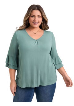 V Neck Double Layered Ruffle 3/4 Sleeve Pleated Front Blouse