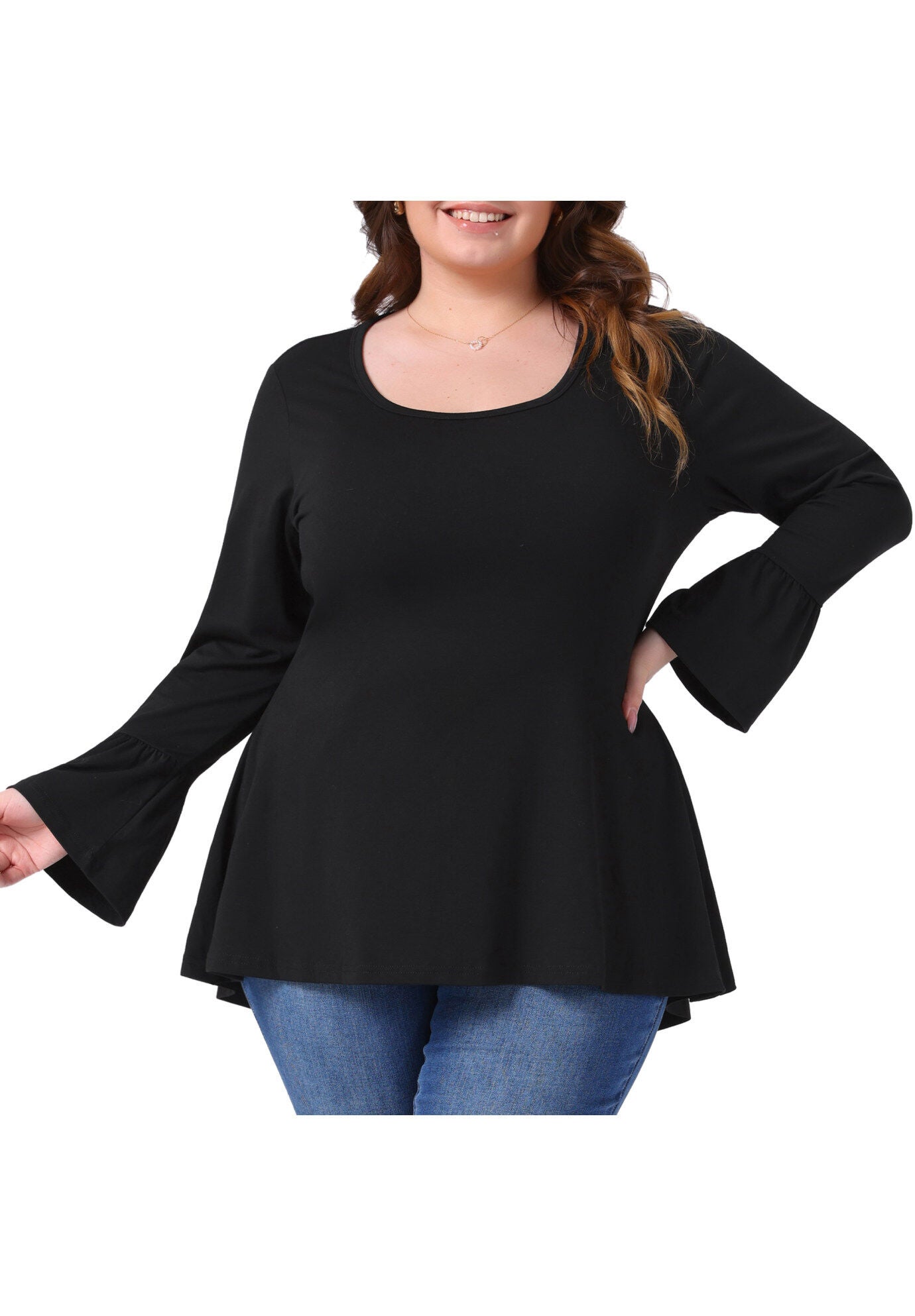 Crew Neck Bell Sleeve High Low Hem Blouses, Black / Black, alternate image number 2