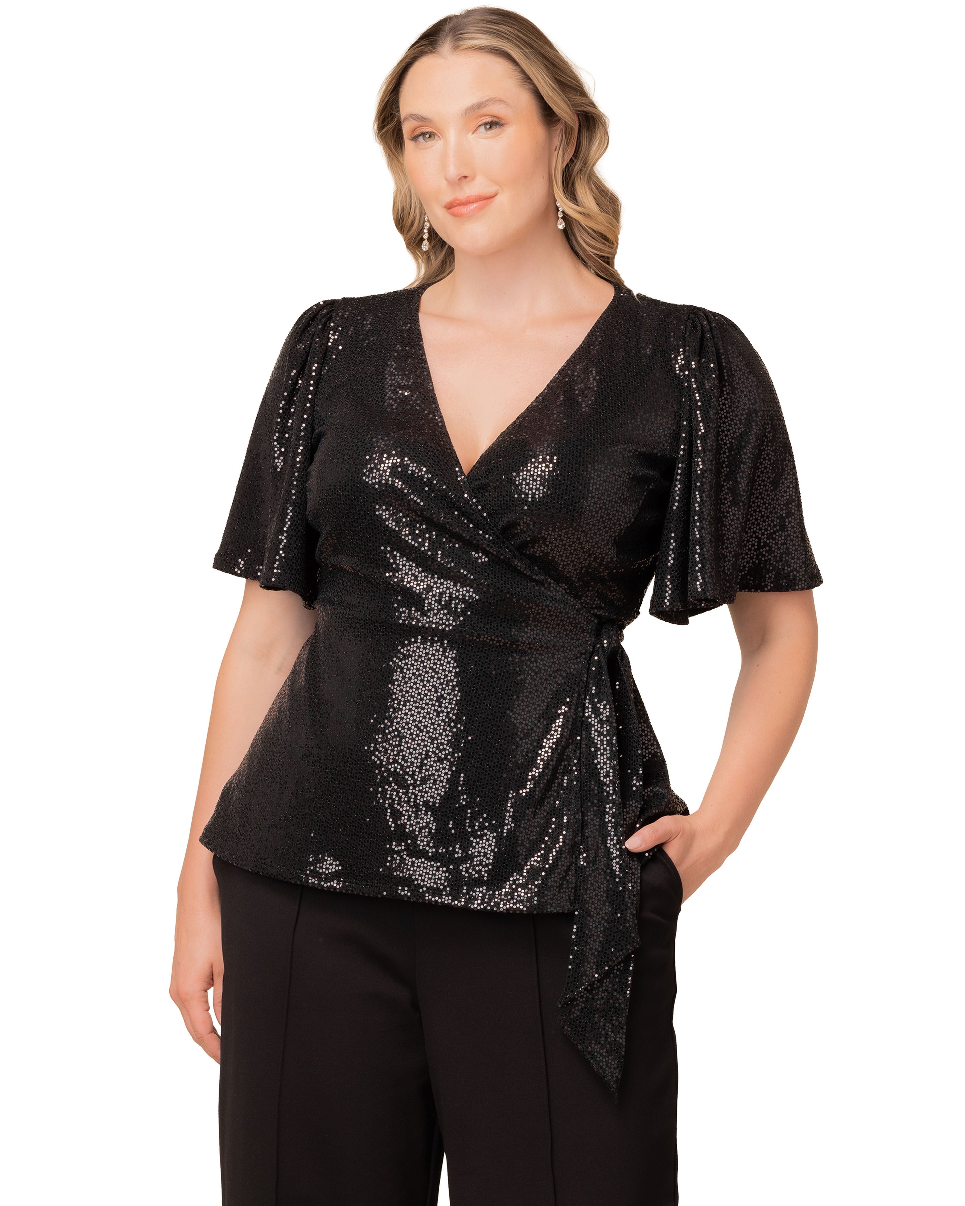 Shimmering Sequin Wrap Top, ONYX / Black, hi-res image number 0