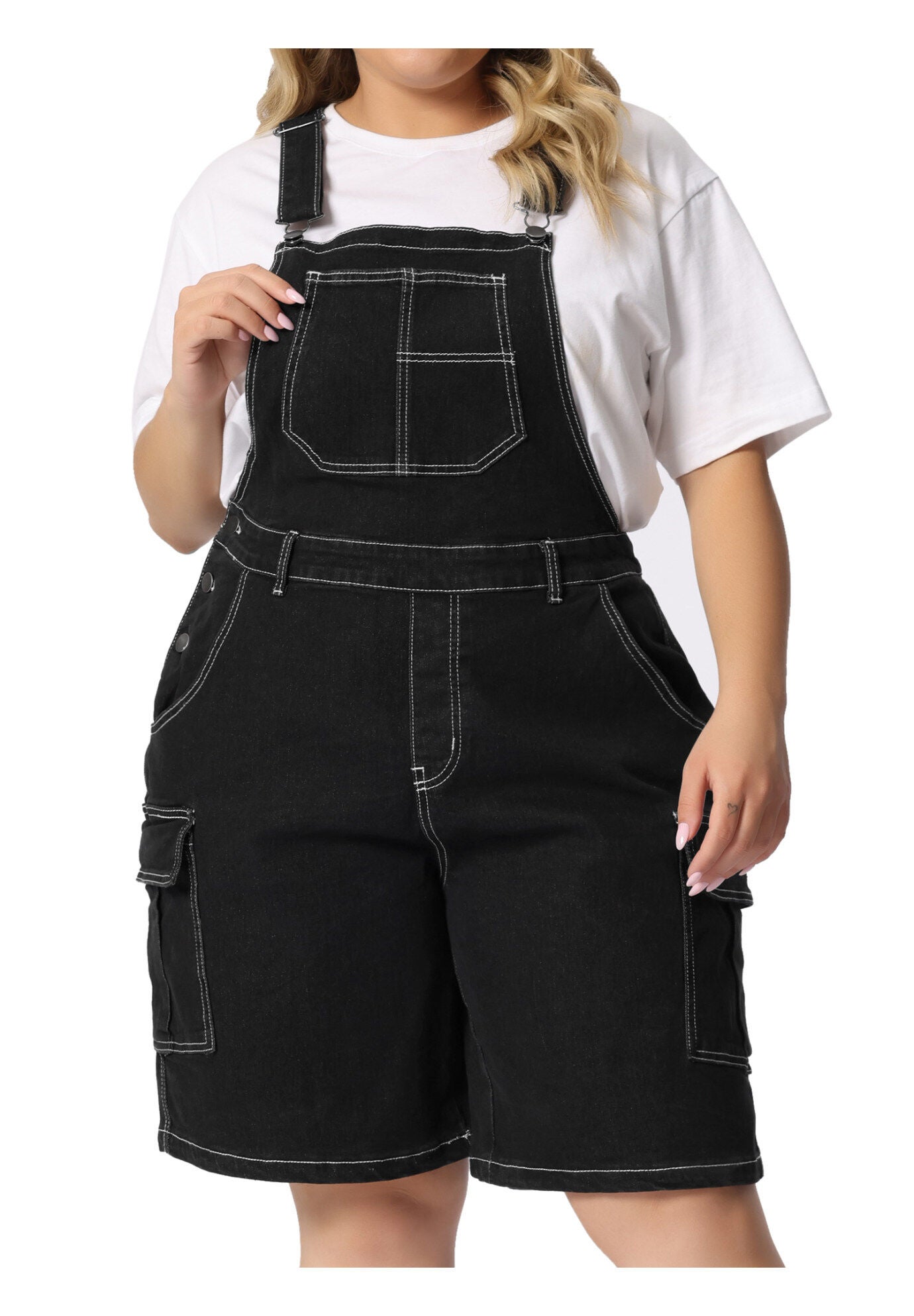 ADJUSTABLE STRAP BIB CARGO POCKET JEAN DENIM OVERALL SHORTS, Black / Black, alternate image number 1