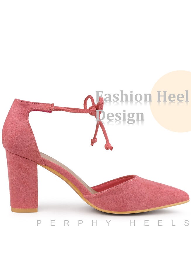 Ankle Tie Pointed Toe Chunky Heels Pumps, Red Pink / Pink, alternate image number 2