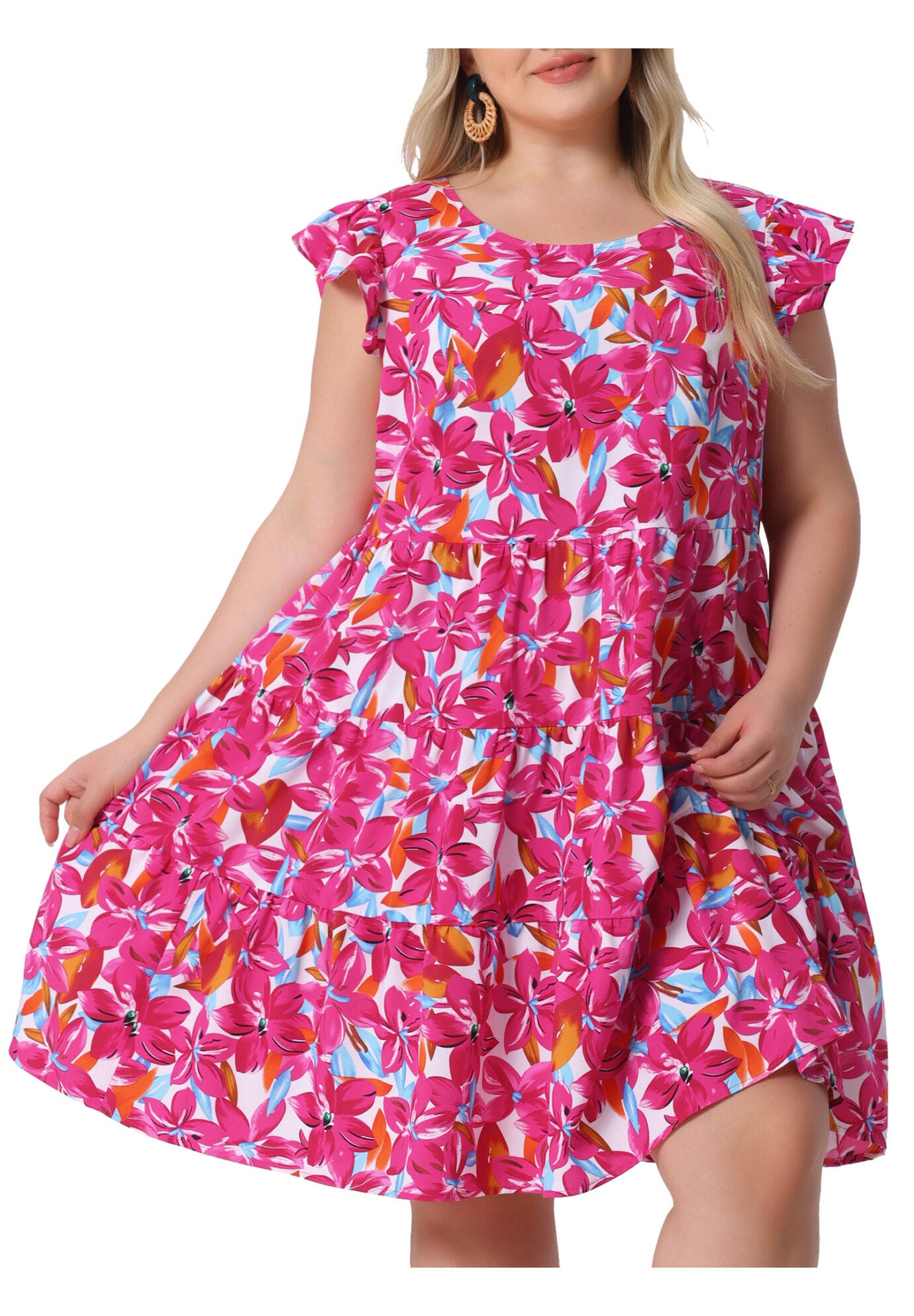 Summer Flutter Sleeves Floral Print Tiered Babydoll Ruffle Dress, Red / Red, alternate image number 2