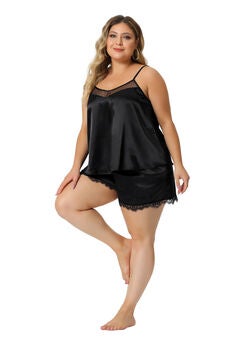 Satin Lace Lingerie 2 Piece Cami Shorts Set