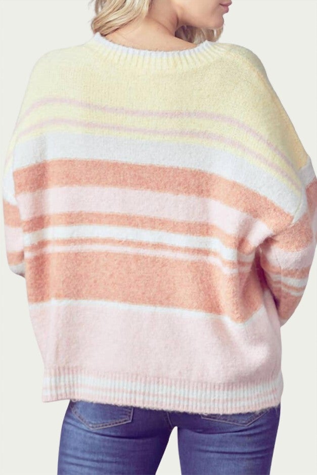 OVERSIZED STRIPED RIBBED-KNIT SWEATER IN YELLOW/TERRACOTTA/PINK, YellowTerracottaPink / Yellow, alternate image number null