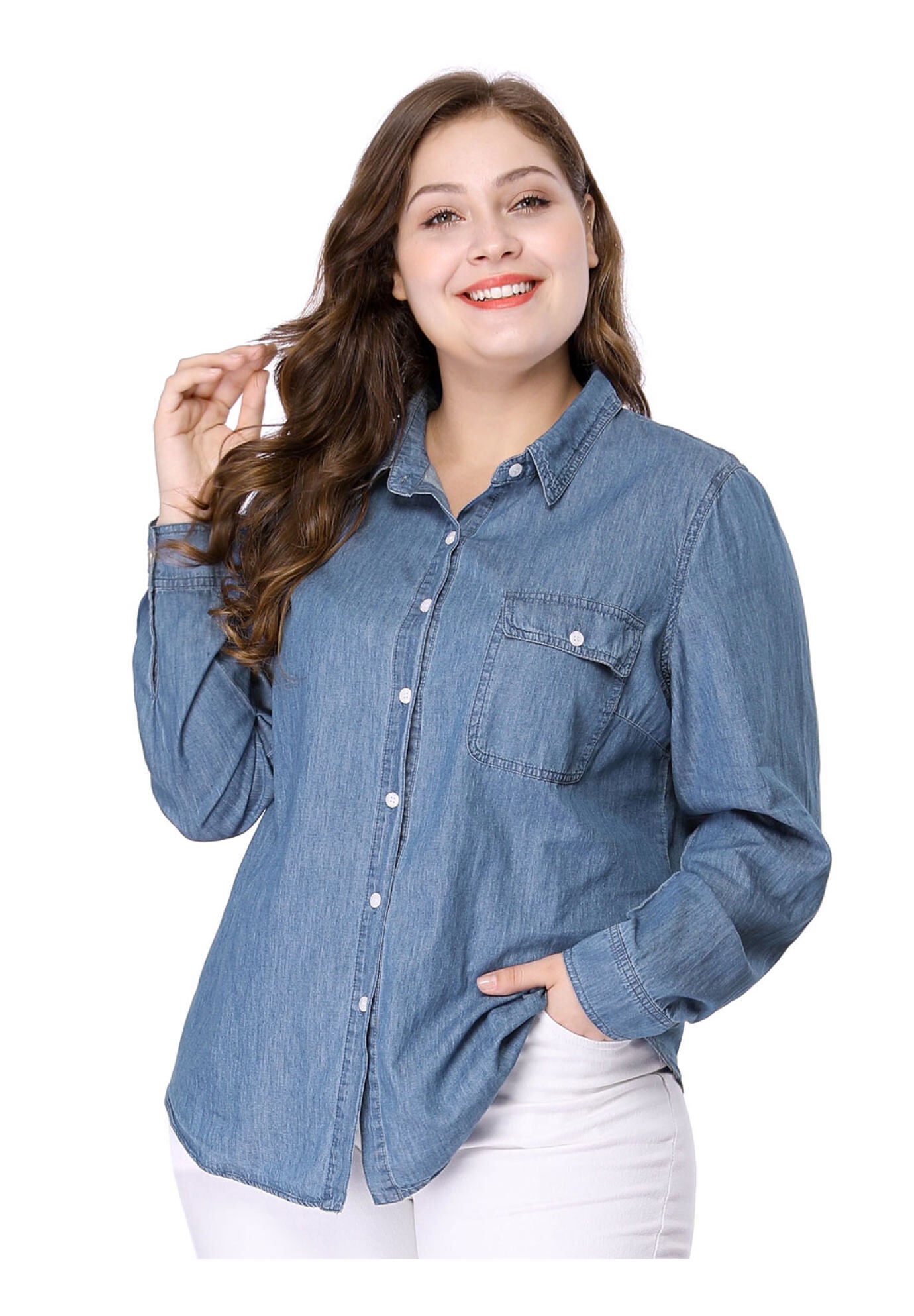 Button Down Long Sleeve Chest Pocket Chambray Shirt, Blue / Chambray Denim Medium, hi-res image number 0