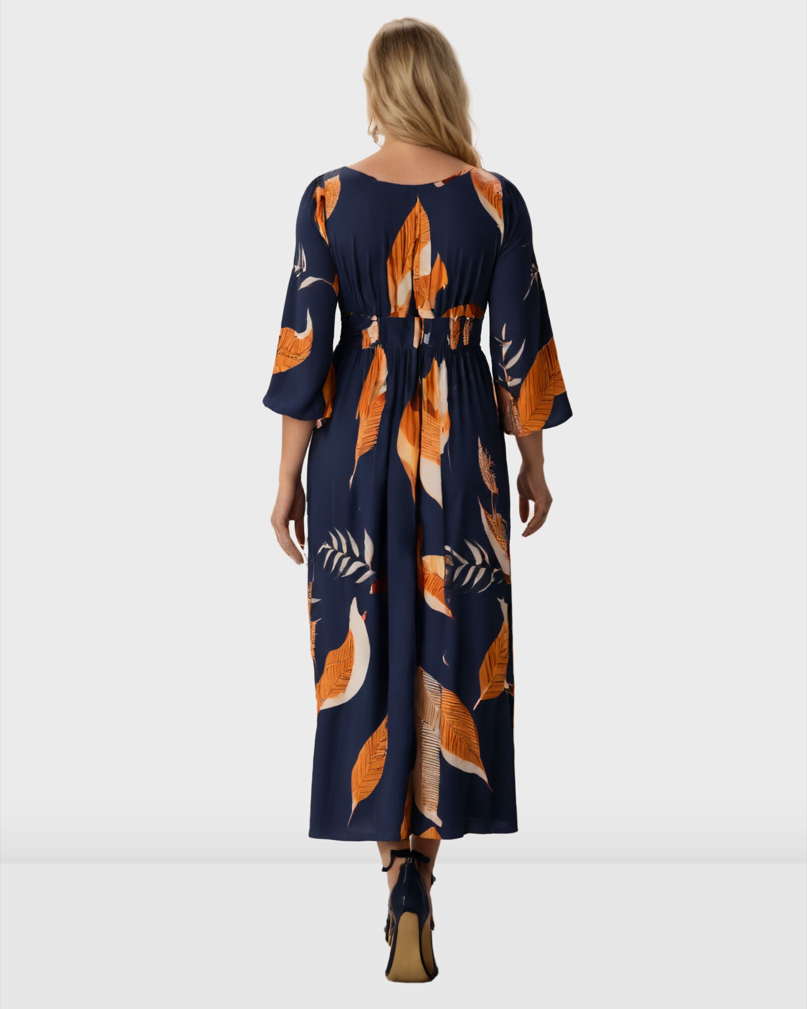 Leaf Print Crepe Banded Empire Dress, Navy / Navy, alternate image number 2