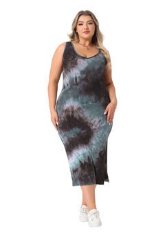 V Neck Sleeveless Tie Dye Midi Beach Sundress Tank Dress