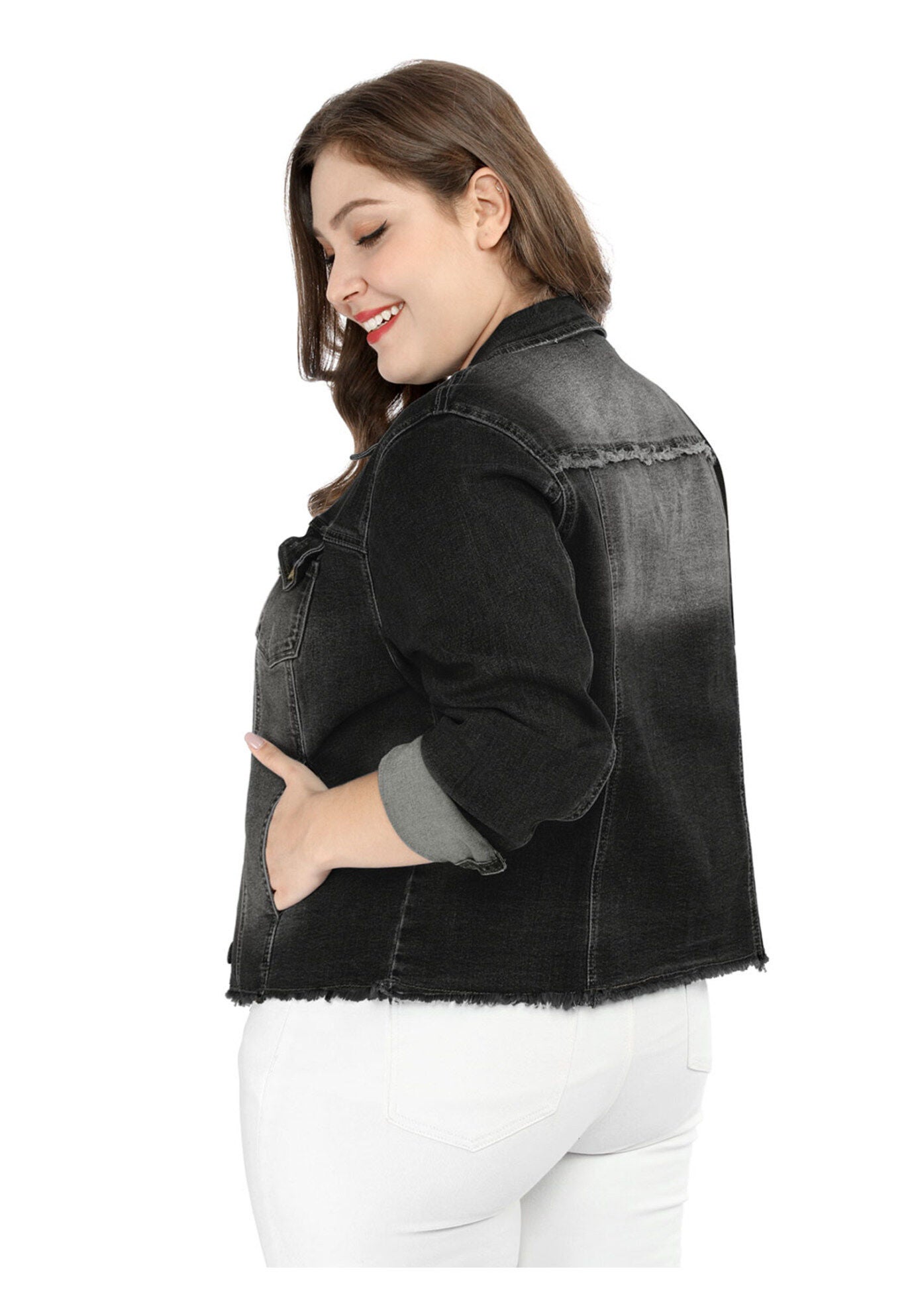 WASHED FRONT FRAYED DENIM JACKET, Black / Black, alternate image number 3