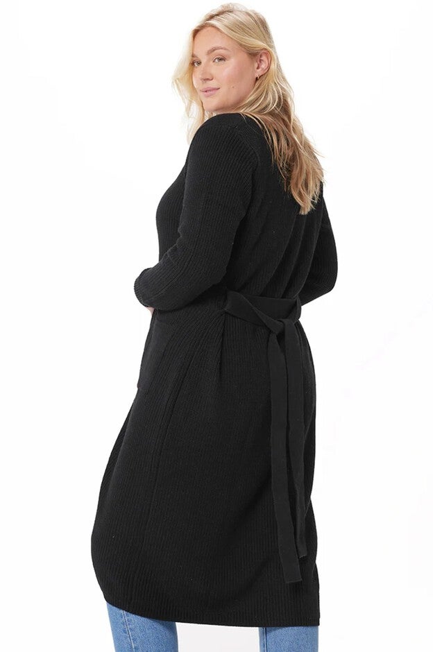 Cotton Cashmere Belted Long Cardigan, BLACK / Black, alternate image number 2